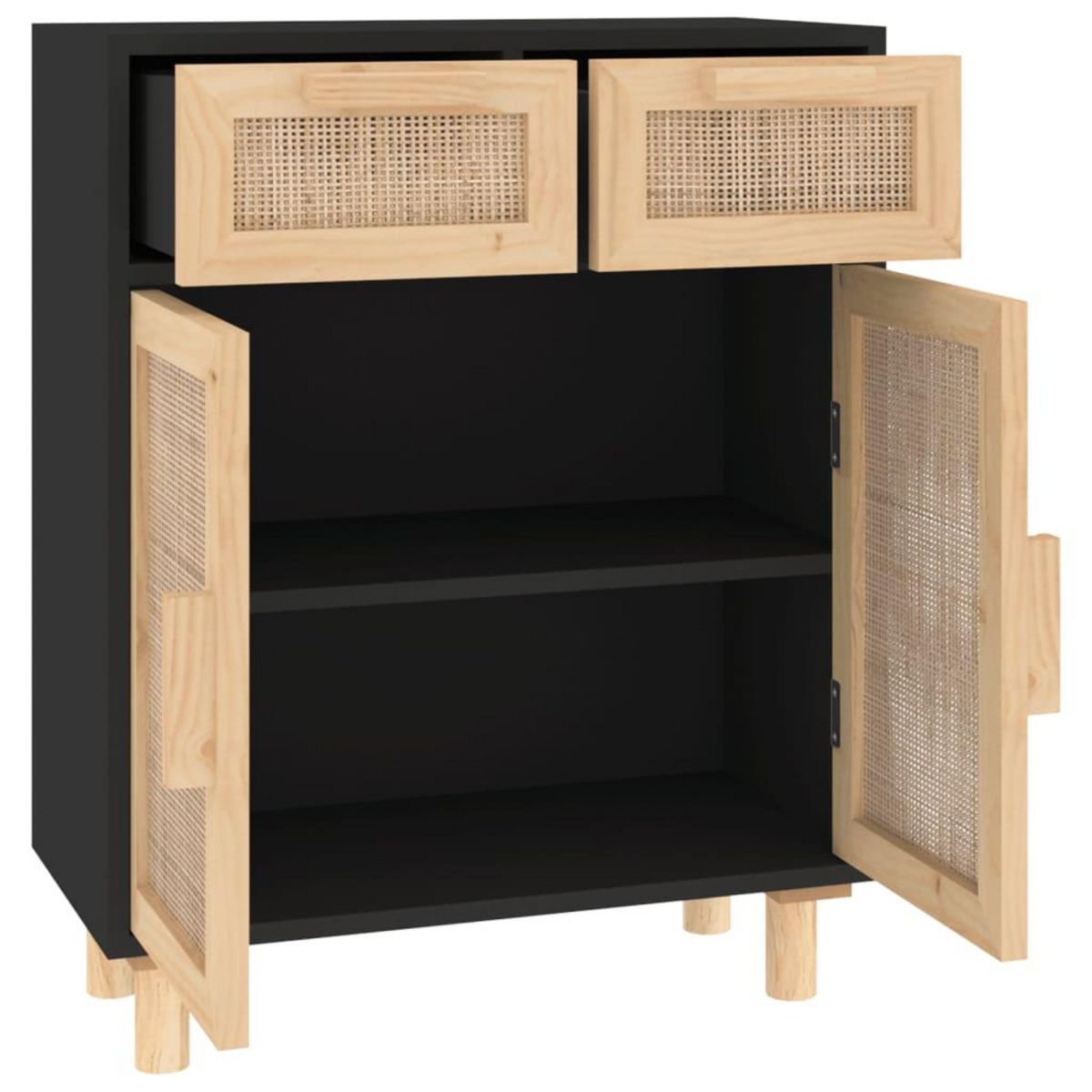 VIDAXL Buffet Noir 60x30x75 cm Bois de pin massif et rotin naturel