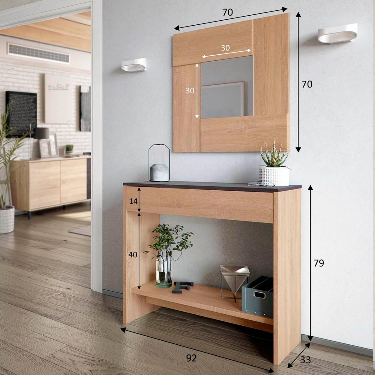 VS VENTA-STOCK Meuble d'entrée Pablo 1 tiroir et miroir, chêne et rouille, 92 cm largeur