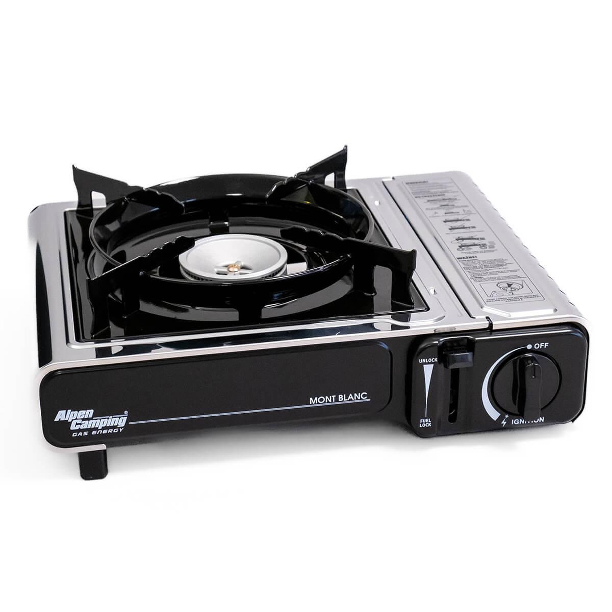 Voir la diapositive 2 : ALPENTECH Réchaud à gaz INOX 2200W MONT BLANC + 8 Cartouches de gaz Camping ALPEN