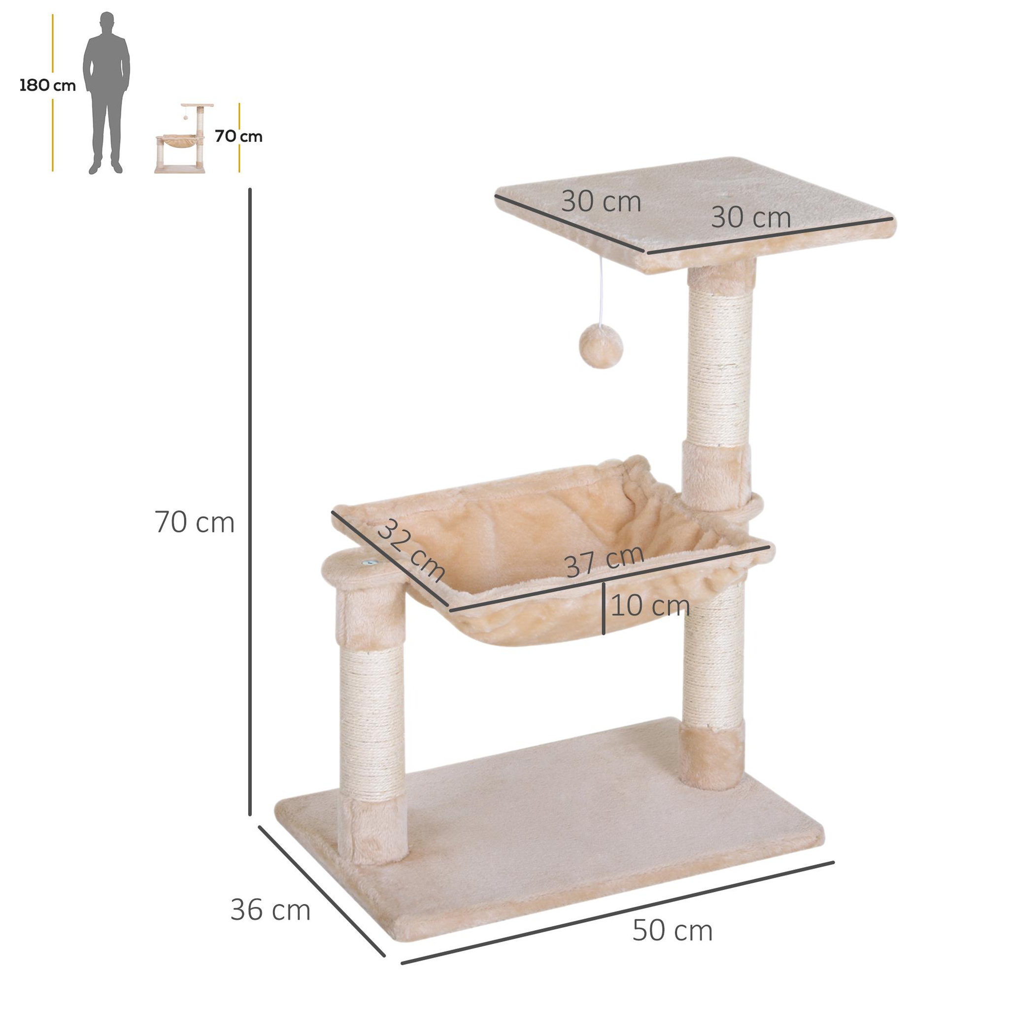 Voir la diapositive 3 : PAWHUT Arbre à chat 3 griffoirs grattoirs sisal naturel plateforme hamac et boule suspendue dim. 50l x 36l x 70h cm peluche haute densité 220 g/m² beige