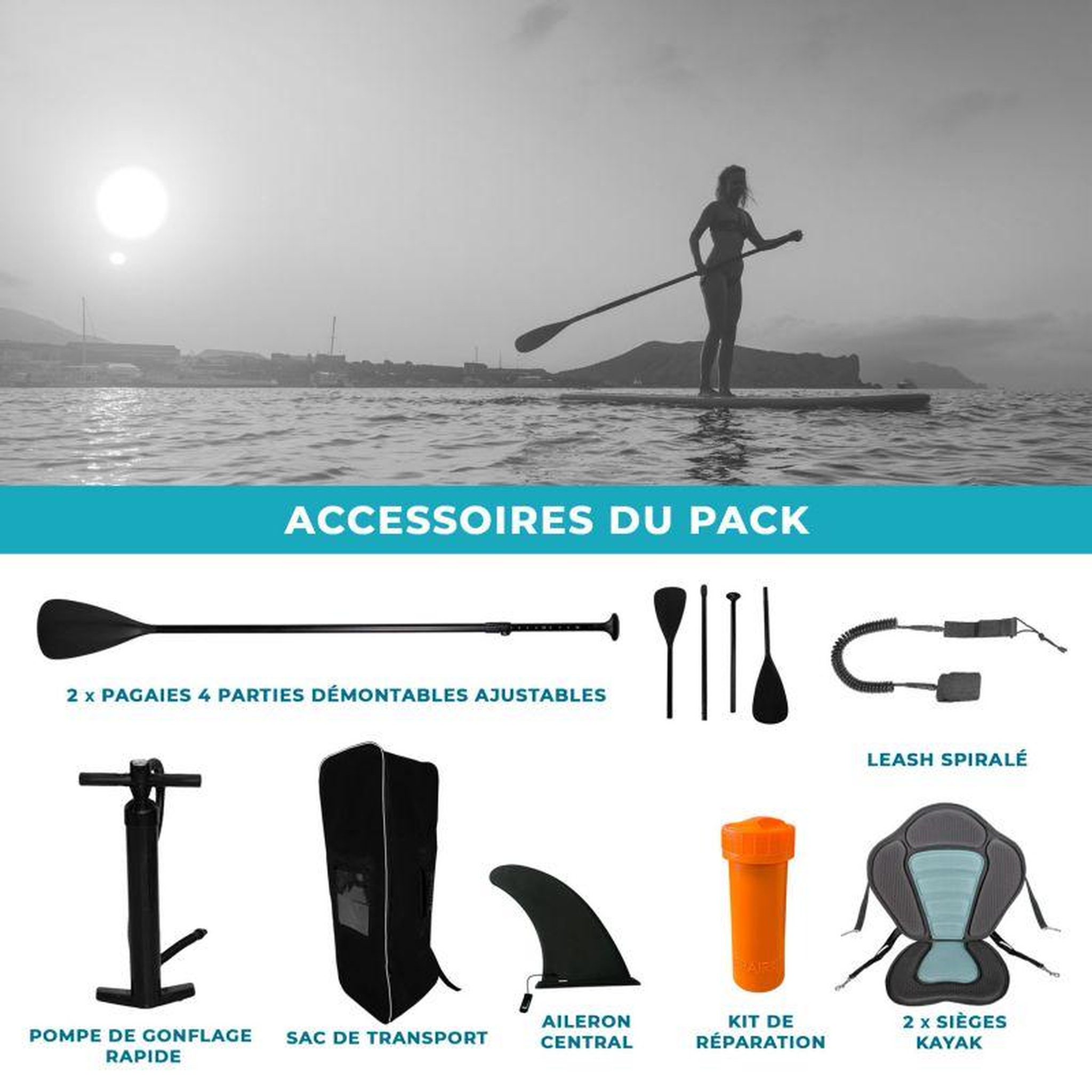 Voir la diapositive 5 : ADRENALIN Paddle Gonflable 2 personnes TWO 12' 32'' 6'' (366x81x15cm) avec Pompe, 2 Pagaies, 2 sièges de kayak, Leash et Sac de Transport