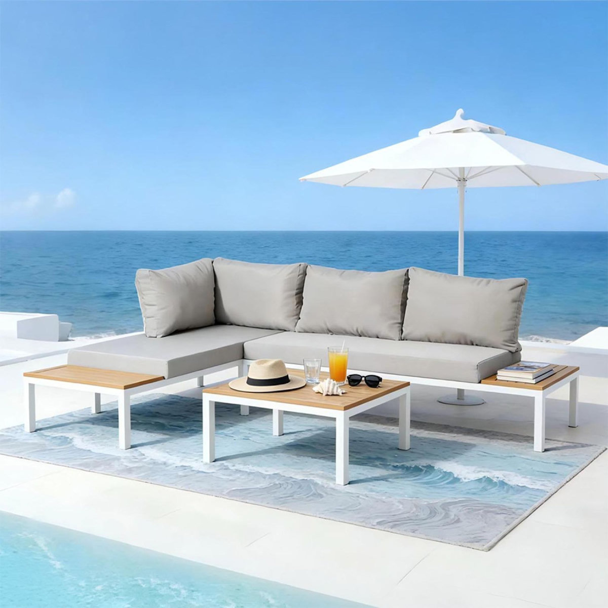 CONCEPT USINE Salon de jardin 3-4 places avec table basse blanc et gris MAJURO