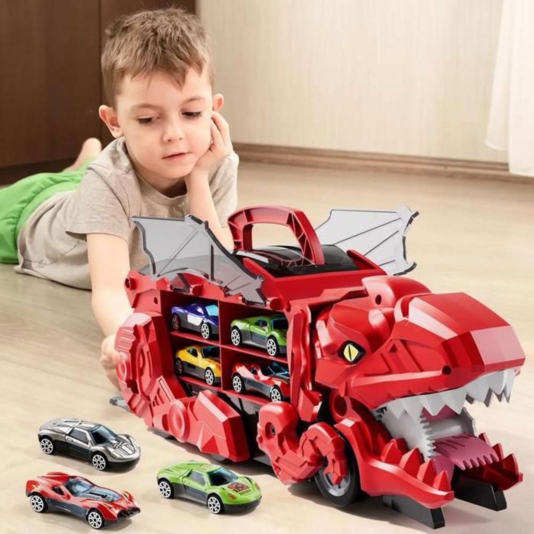 Voir la diapositive 6 : Porte-voitures dinosaure pliable, garage à 2 niveaux rouge et 10 voitures moulées sous pression
