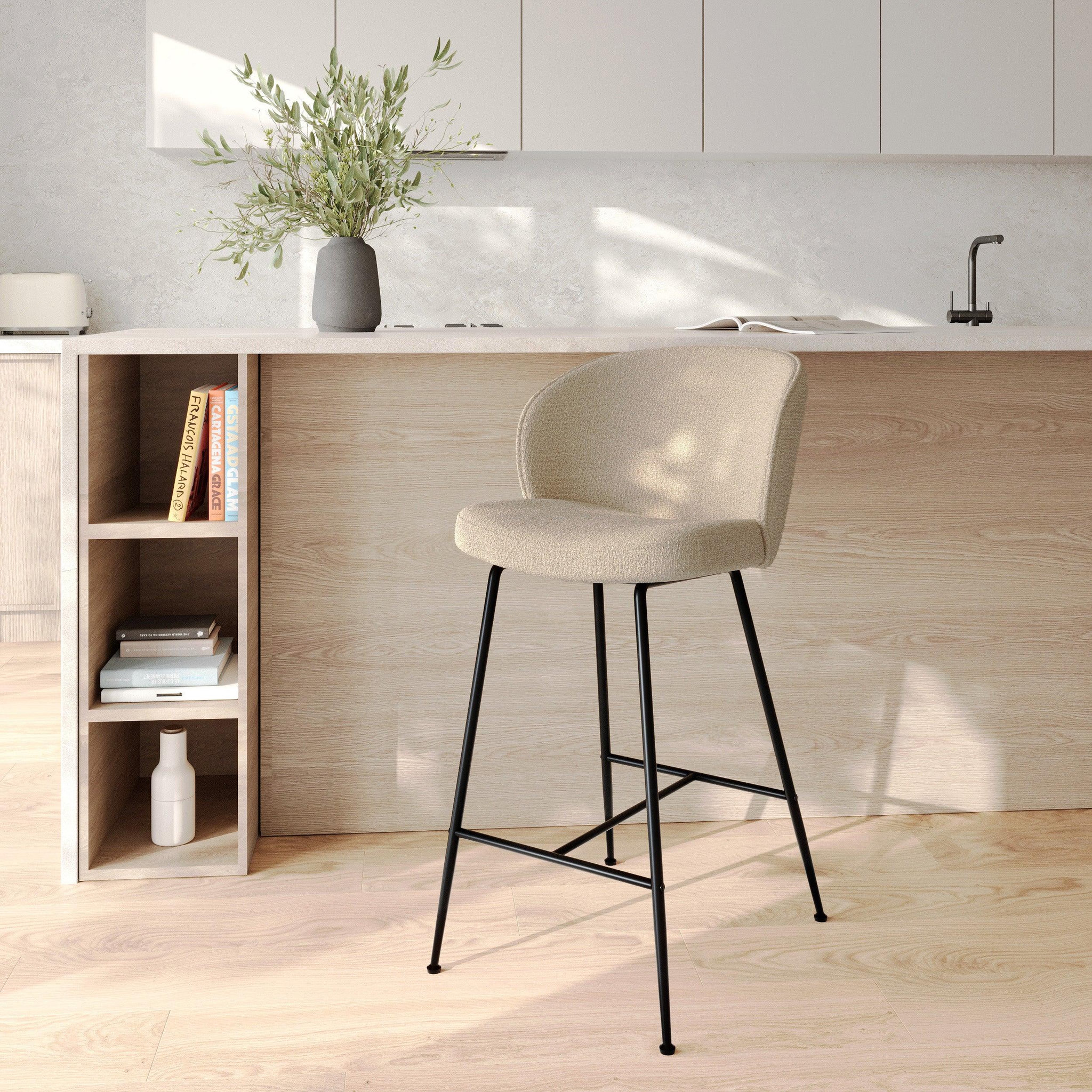 Voir la diapositive 2 : MAISON PAVANE Chaise de bar en tissu bouclé beige 66 cm-groom
