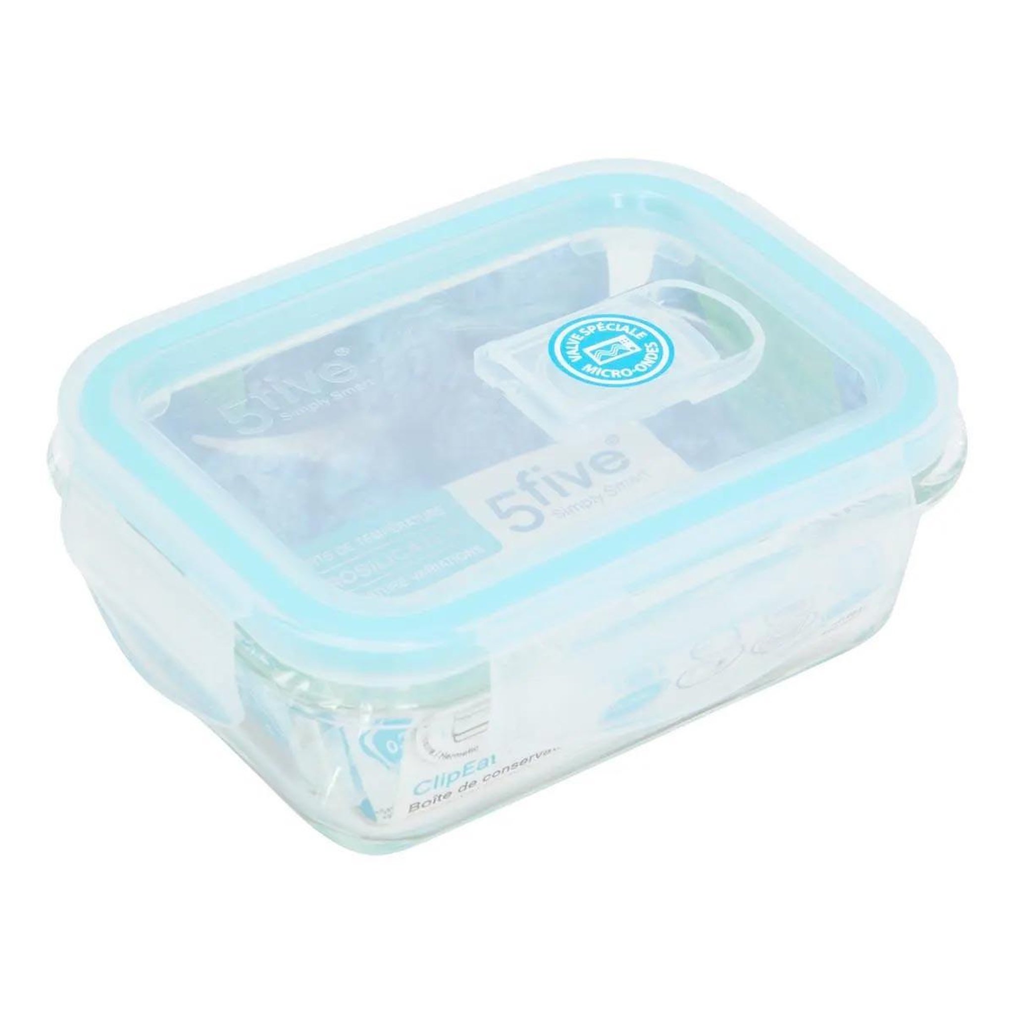 Voir la diapositive 2 : FIVE Boîte de conservation verre  clipeat  540ml bleu