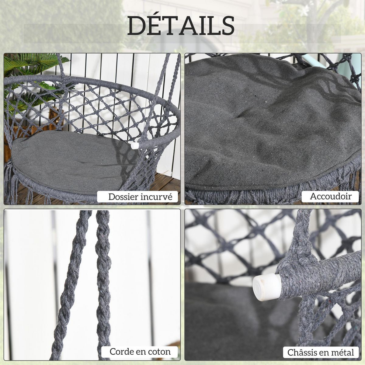 OUTSUNNY Chaise suspendue hamac de voyage portable dim. 80L x 60l x 36H m macramé coton polyester gris