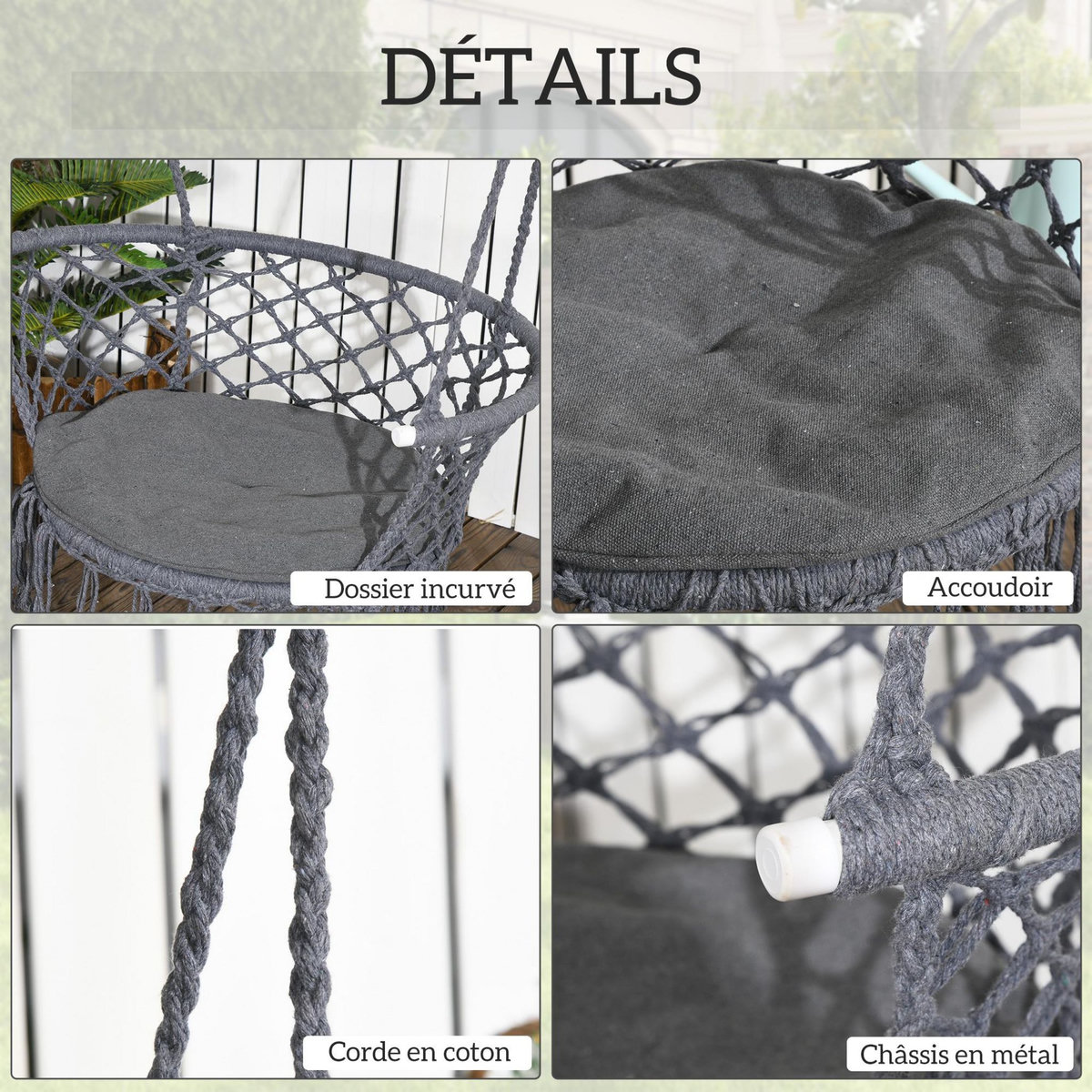 OUTSUNNY Chaise suspendue hamac de voyage portable dim. 80L x 60l x 36H m macramé coton polyester gris