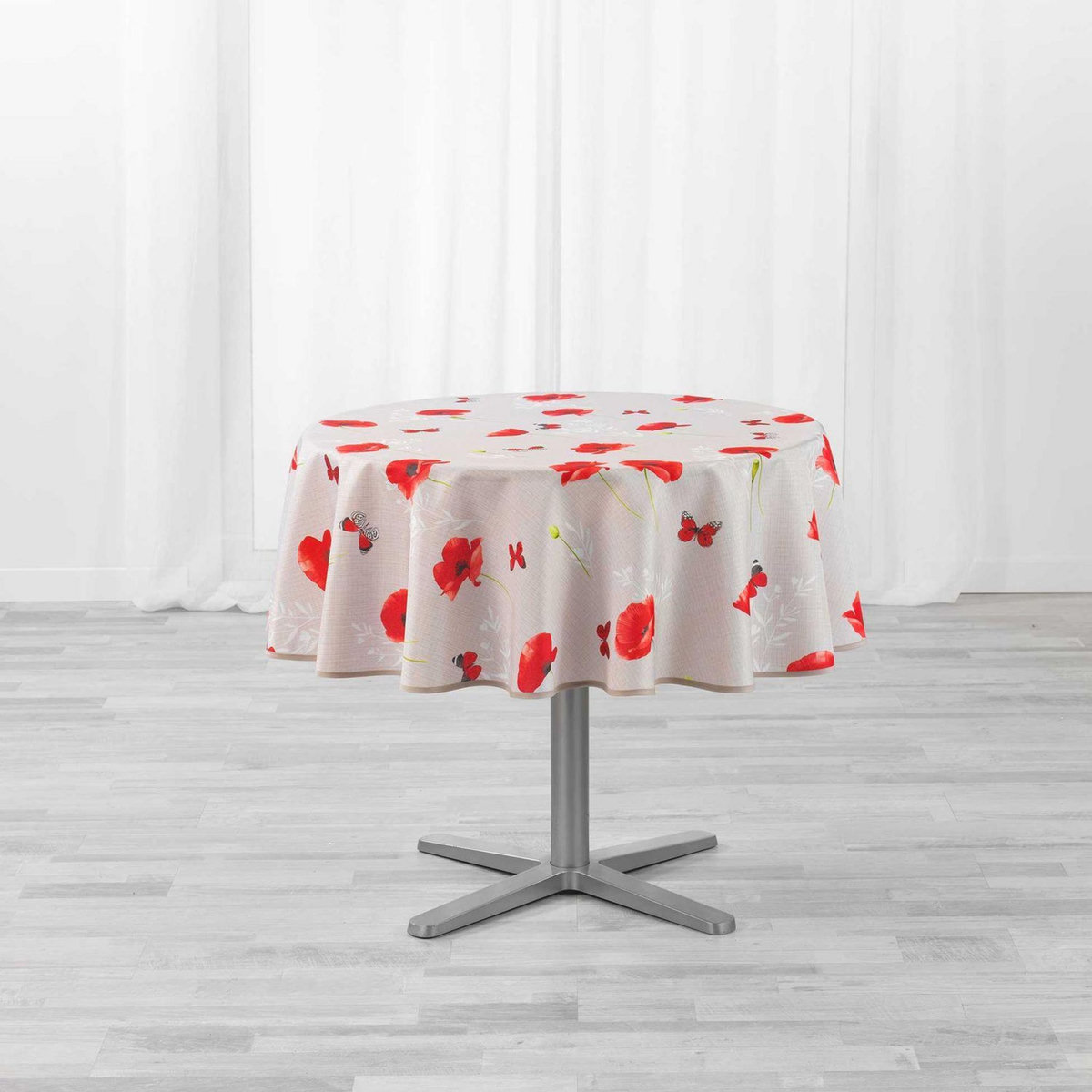 Douceur d'Intérieur Nappe ronde antitache Amapola - Diam. 180 cm - Beige et rouge