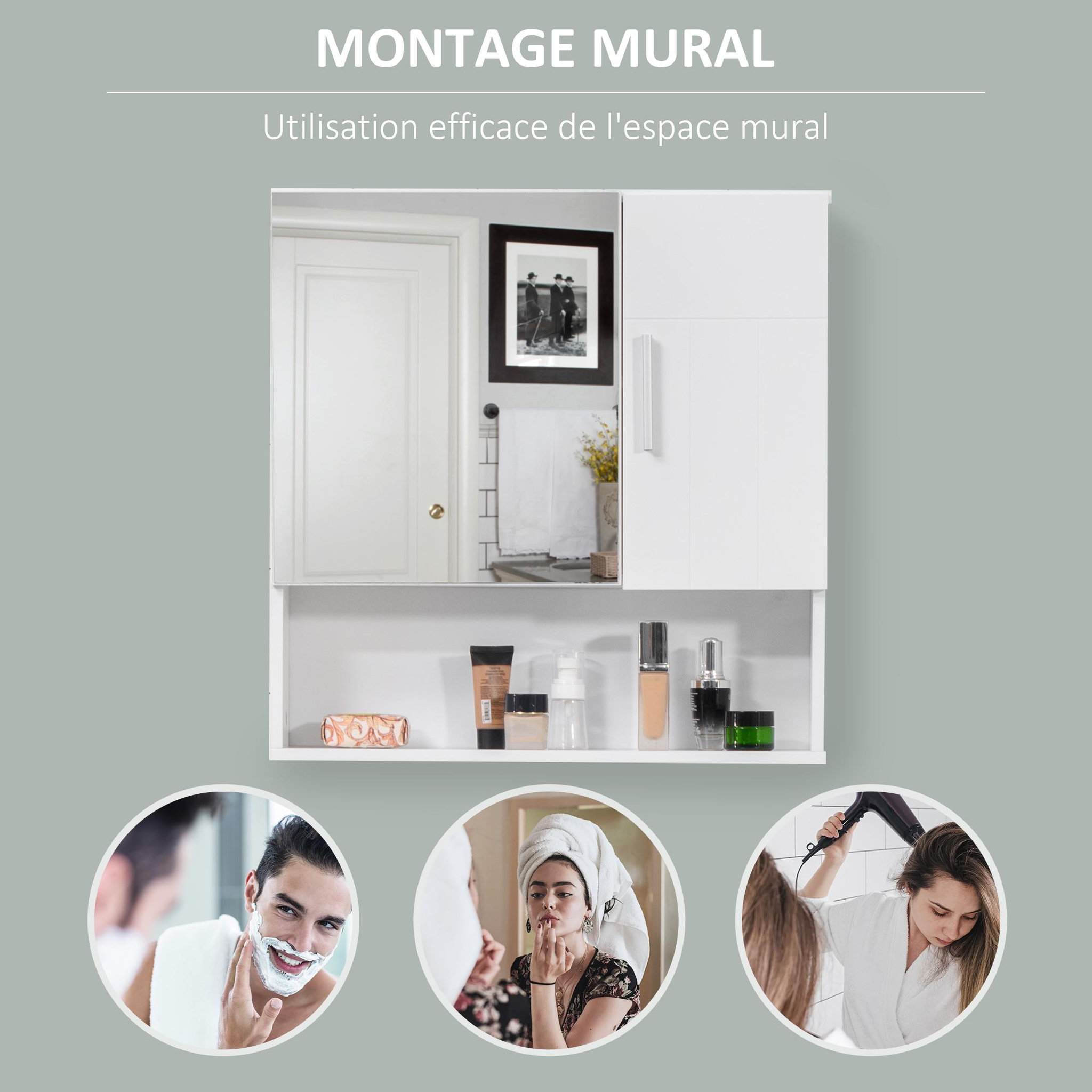 Voir la diapositive 4 : KLEANKIN Armoire murale miroir de salle de bain - 2 portes, étagères, niche - dim. 54l x 15,2l x 55,3h cm - mdf blanc