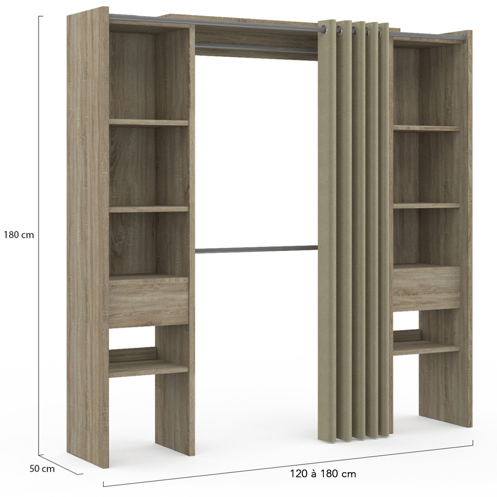 Voir la diapositive 4 : ID MARKET Dressing extensible double meryl 120/180 x 50 x 180 cm hêtre avec étagères + double penderie + rideau taupe