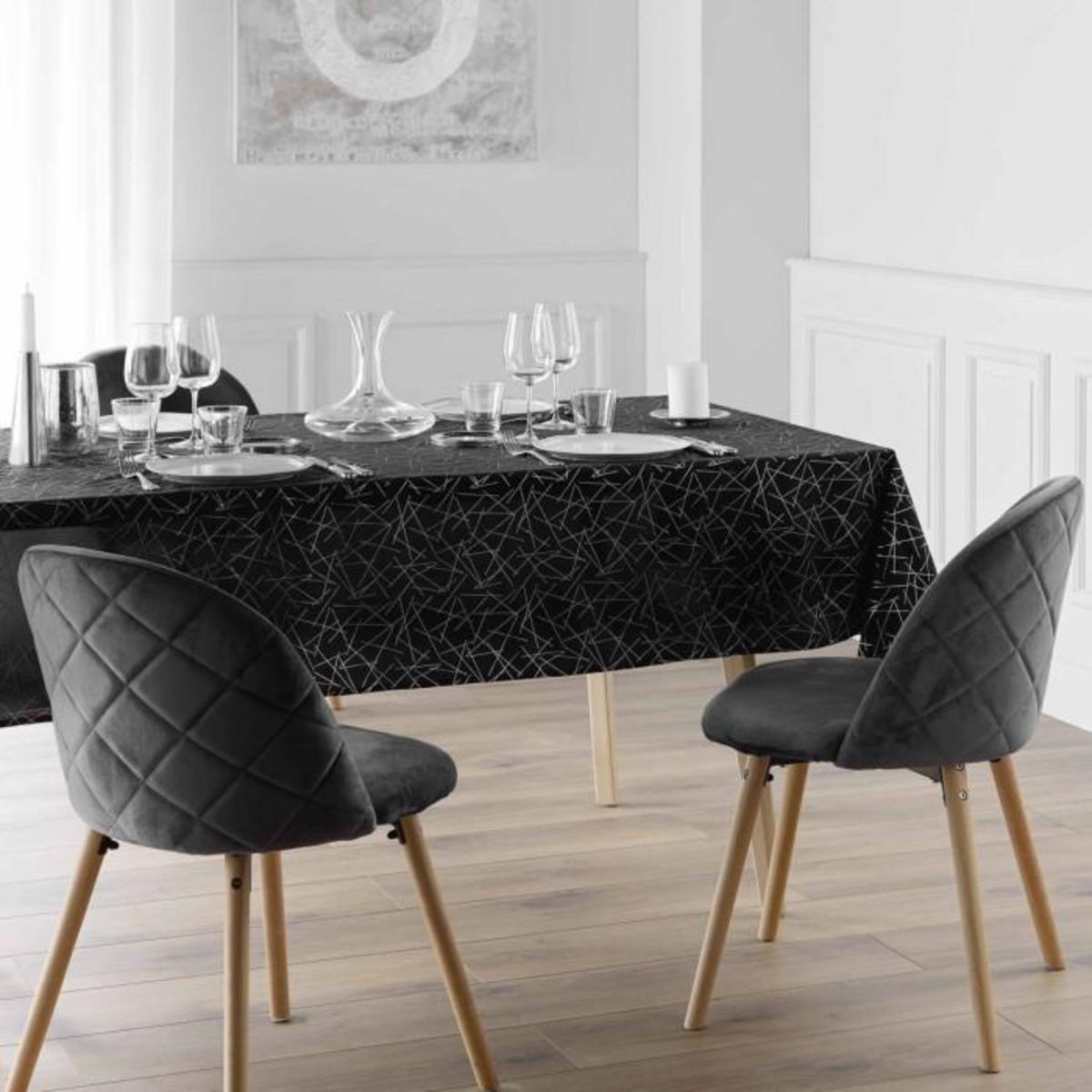 Paris Prix Nappe Antitache Imprimé  Mikado  140x240cm Noir & Argent