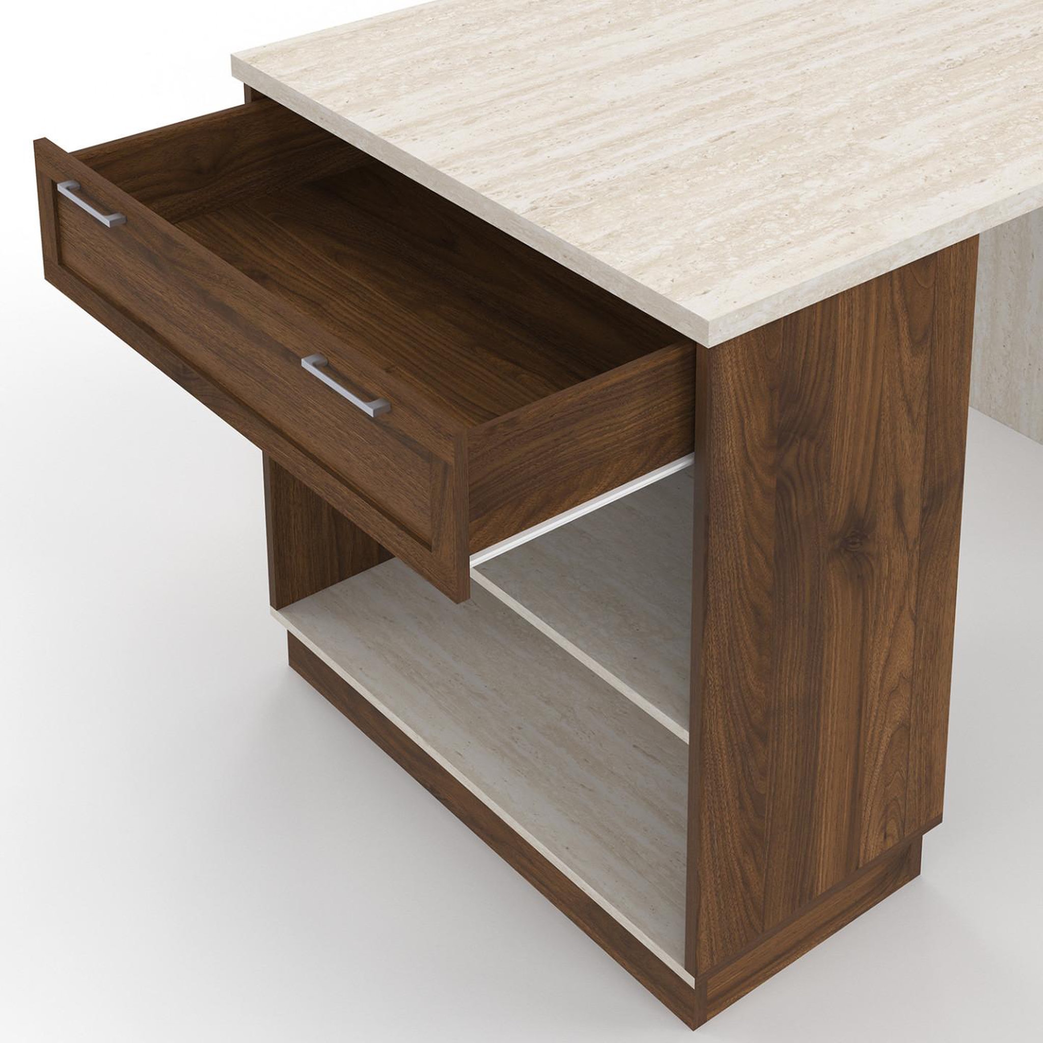 Voir la diapositive 6 : ID MARKET Ilot central mange-debout 4 personnes vito 130 cm bois noyer et plateau effet travertin