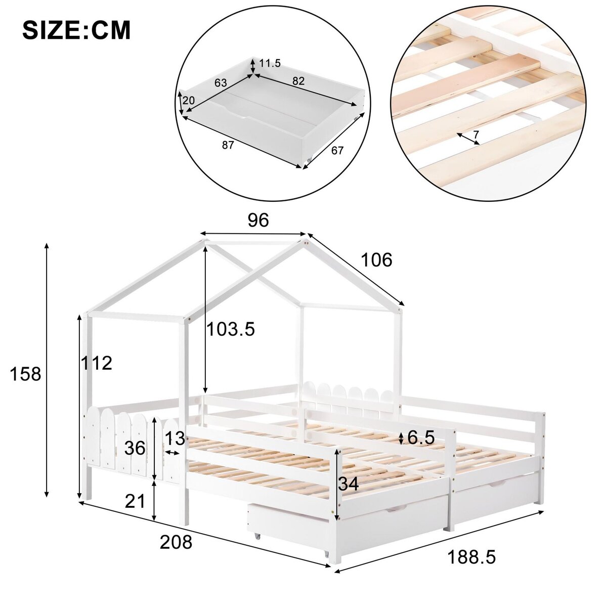 MERAX Lit cabane enfant 90x200cm pin coloris blanc