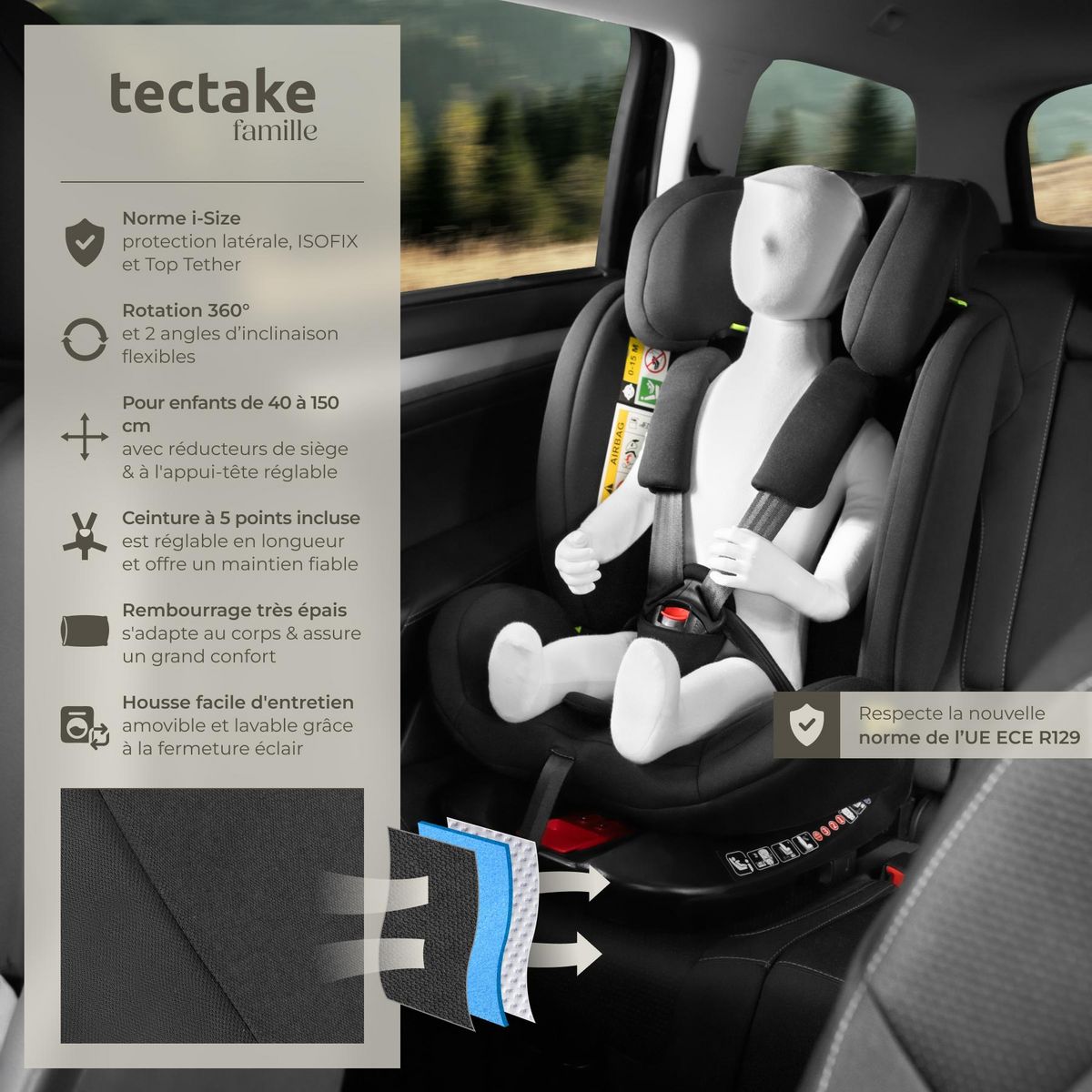 tectake Siège auto pivotant à 360° avec 2 angles d'inclinaison gris clair/noir