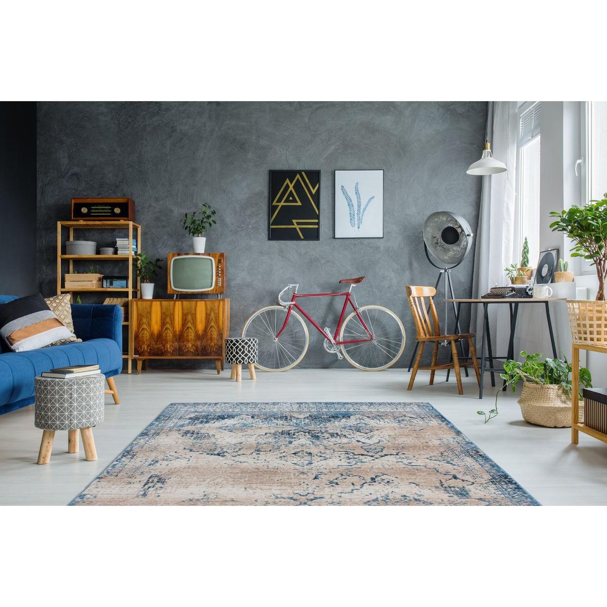 Voir la diapositive 2 : Paris Prix Tapis Imprimé Tissé à la Main  Antigua  Crème & Bleu