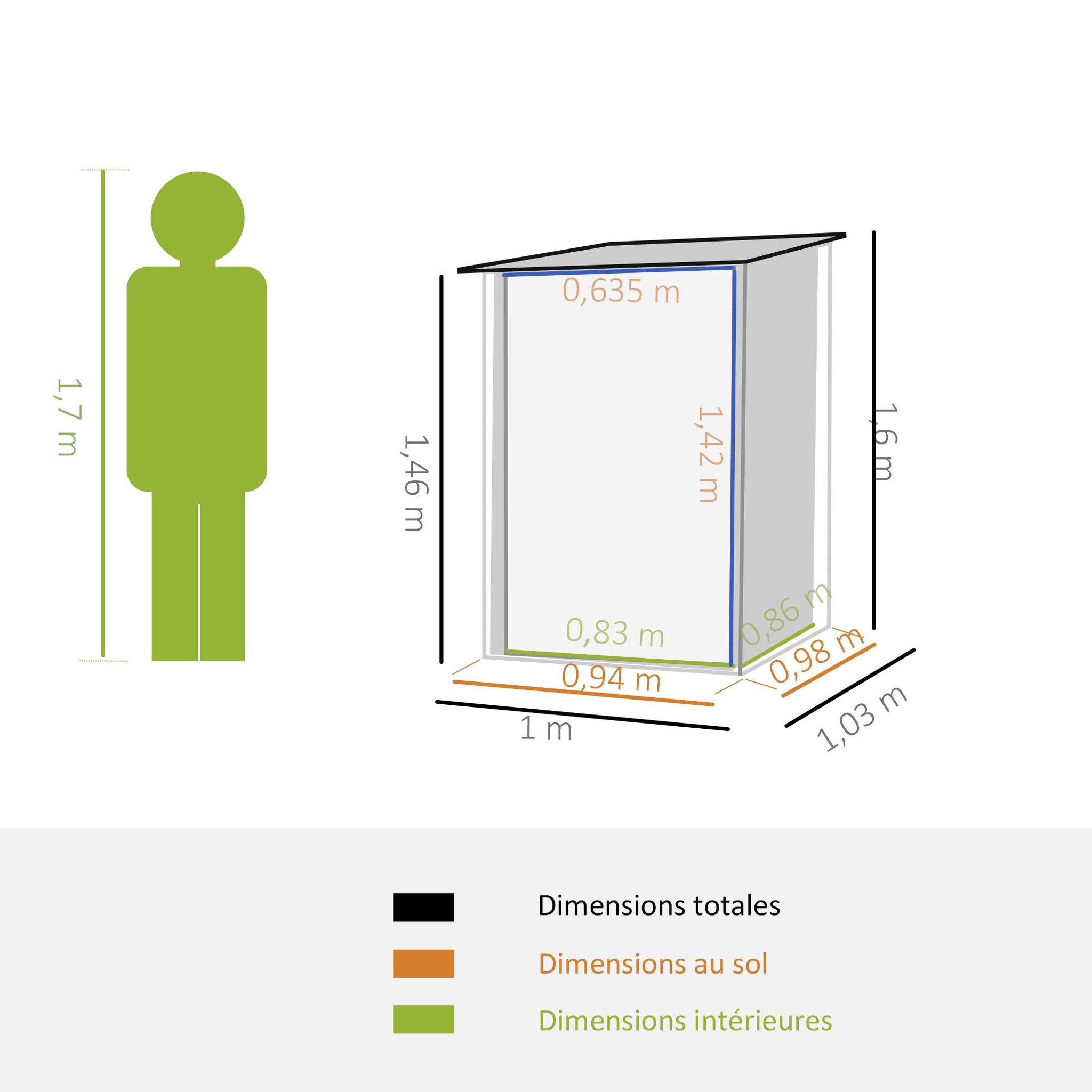 Voir la diapositive 3 : OUTSUNNY Abri de jardin - remise pour outils - cabanon porte verrouillable - dim. 1L x 1,03l x 1,6H m - tôle d'acier ondulée anthracite
