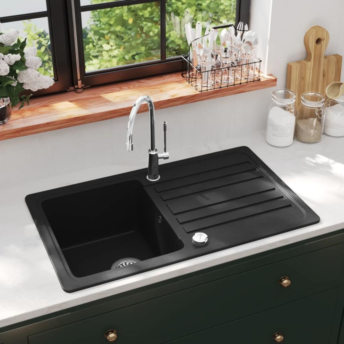 VIDAXL Evier de cuisine en granite avec egouttoir reversible Noir