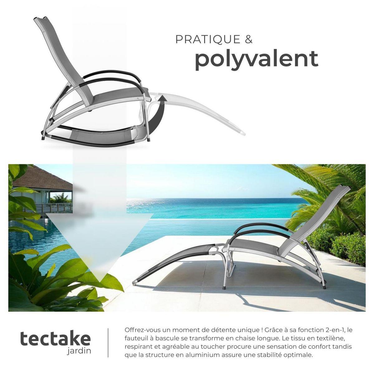 tectake Chaise longue 2-en-1 fonction comme chaise longue ou fauteuil à bascule gris anthracite