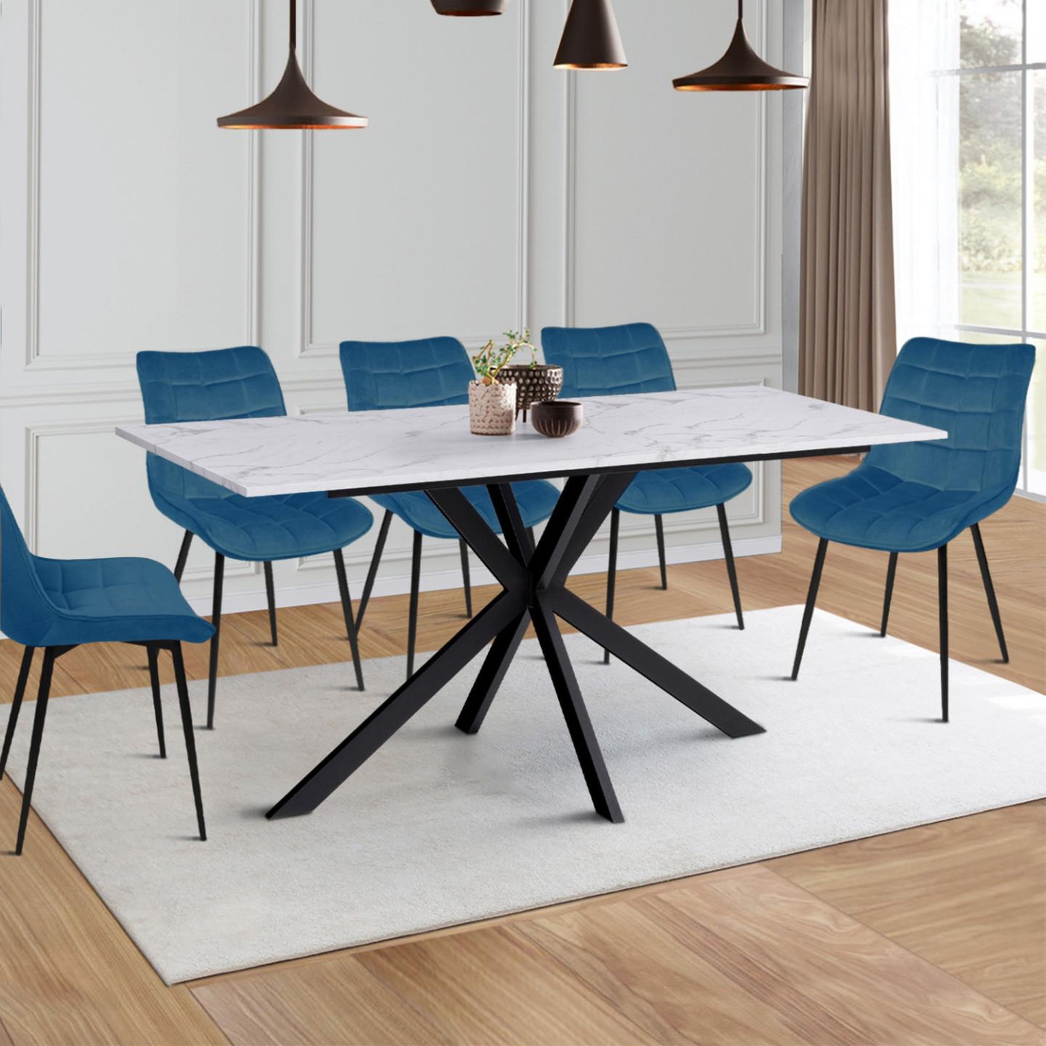 Voir la diapositive 2 : ID MARKET Table à manger rectangle alix 8 personnes pied araignée noir et plateau effet marbre blanc alaska 160 cm