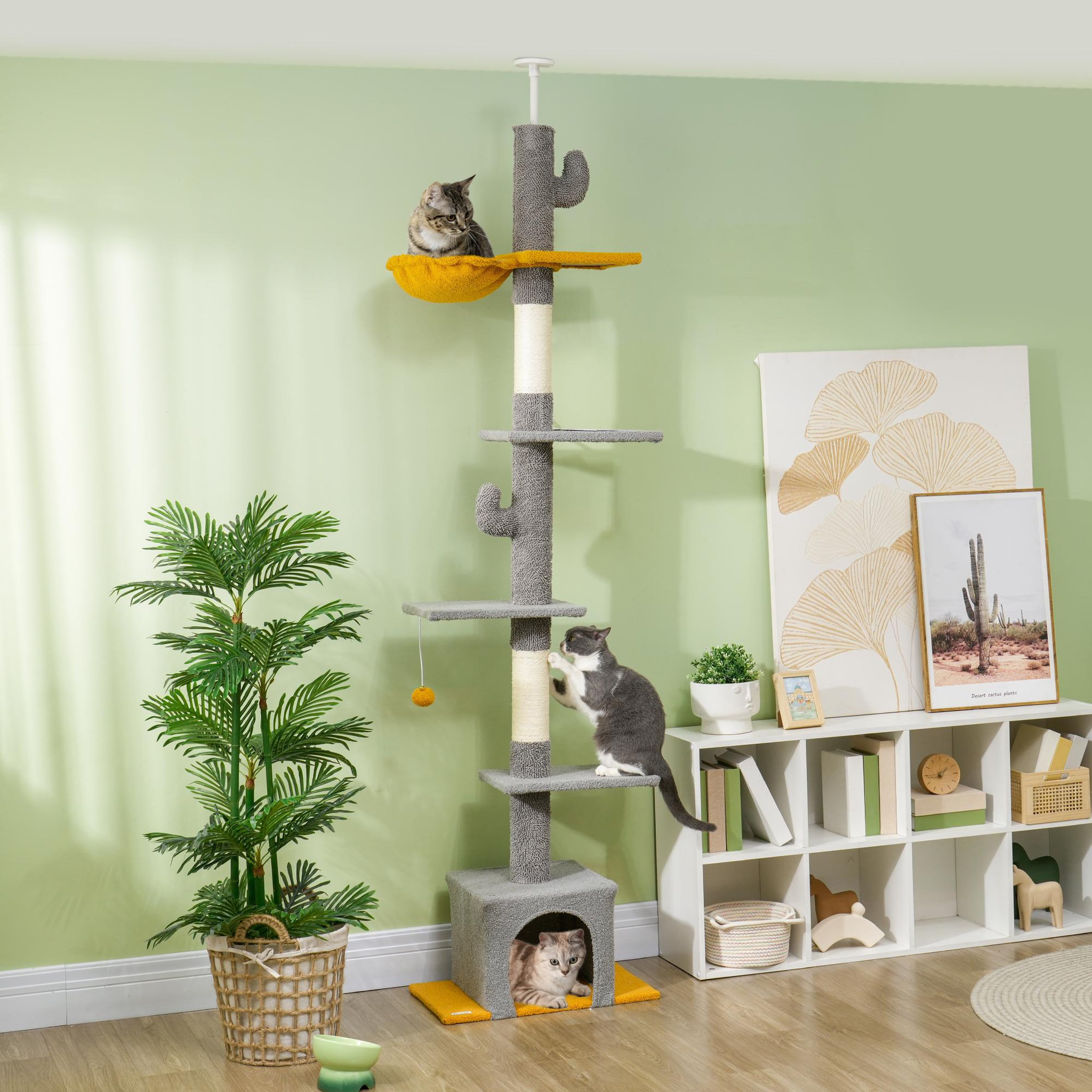 Voir la diapositive 2 : PAWHUT Arbre à chat cactus du sol au plafond - h. Réglable 230-275 cm - 6 niv. Équipement multiple - gris