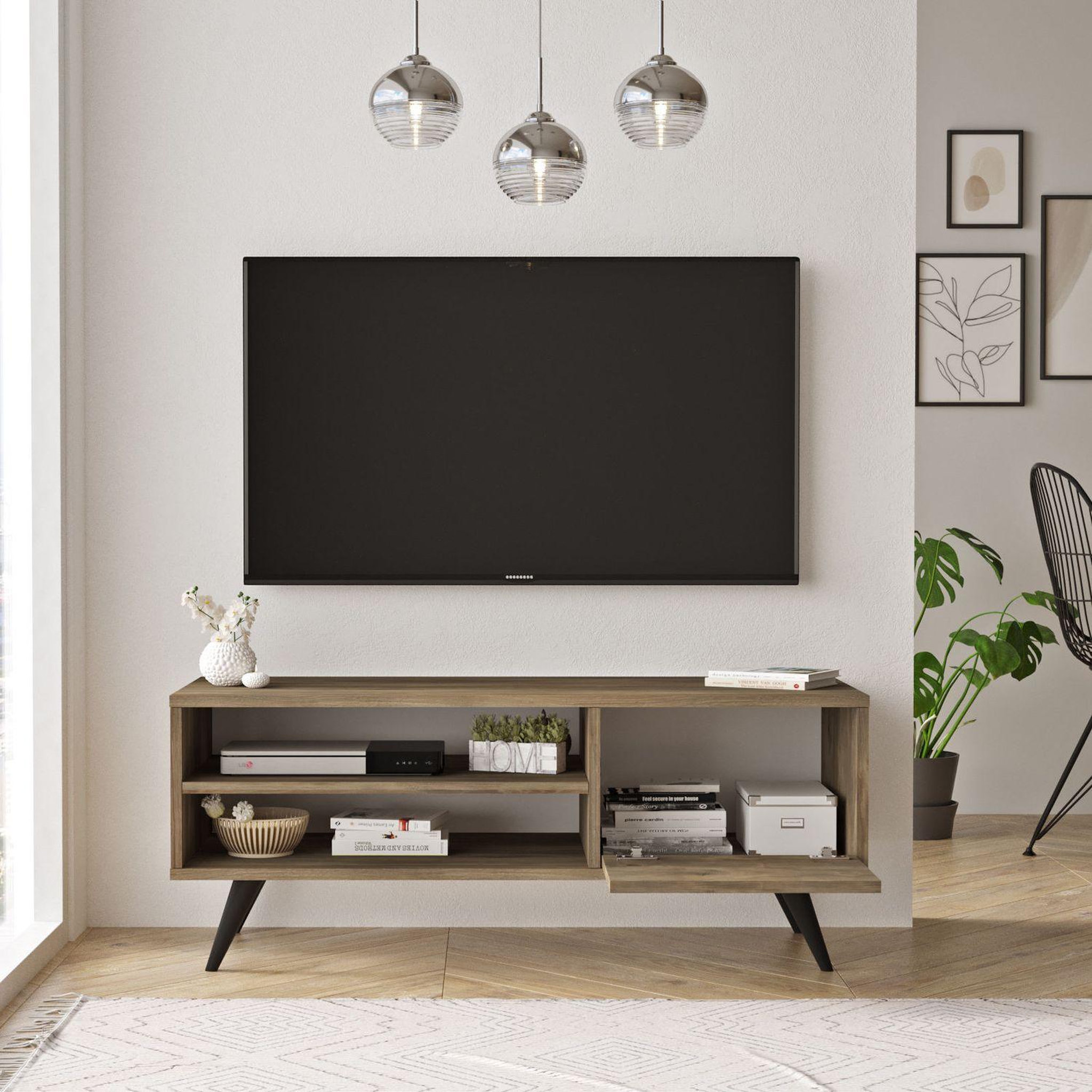 Voir la diapositive 3 : TOILINUX Meuble tv avec 2 niches de rangement ouvertes et une porte abattante en panneaux de particule