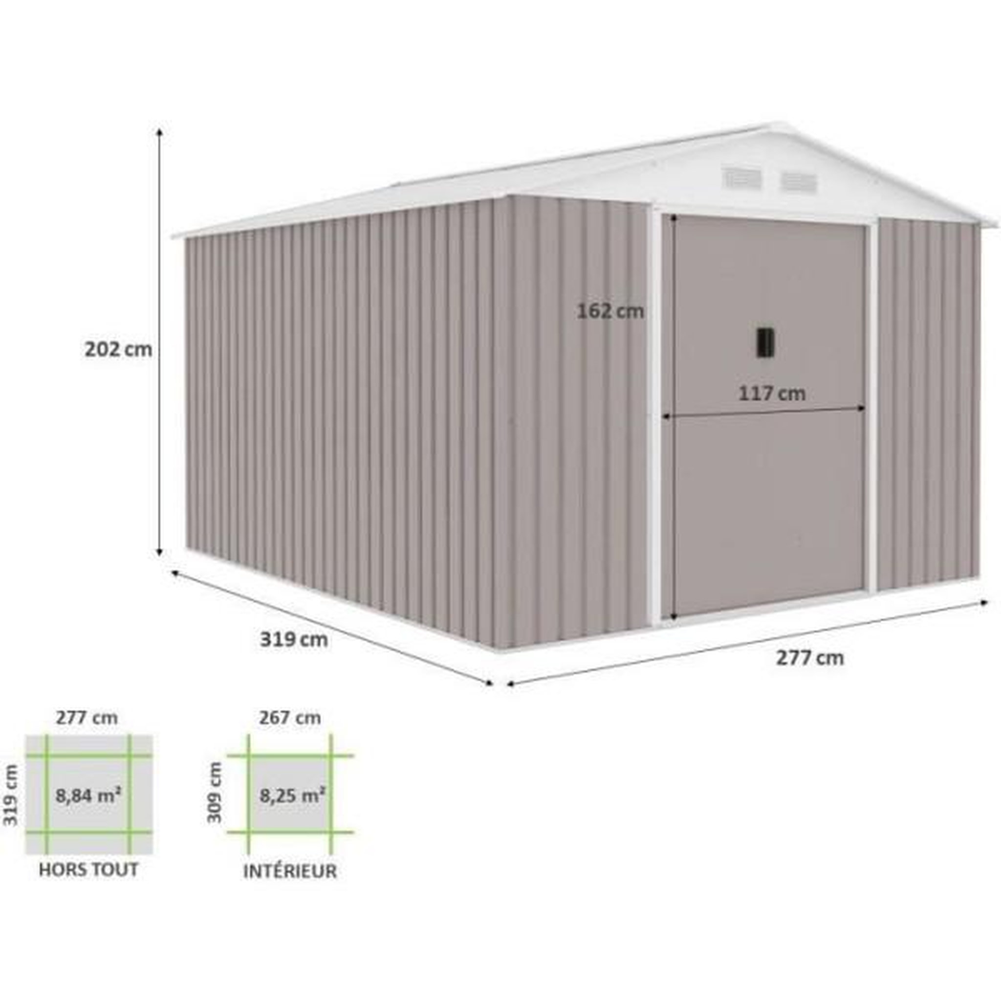 Voir la diapositive 4 : MARKET24 URANUS Abri de jardin en métal 8,84 m² - 277 x 319 x 202 cm - Kit d'ancrage inclus, 2 portes coulissantes - Taupe