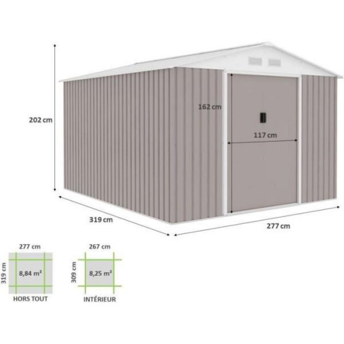 MARKET24 URANUS Abri de jardin en métal 8,84 m² - 277 x 319 x 202 cm - Kit d'ancrage inclus, 2 portes coulissantes - Taupe