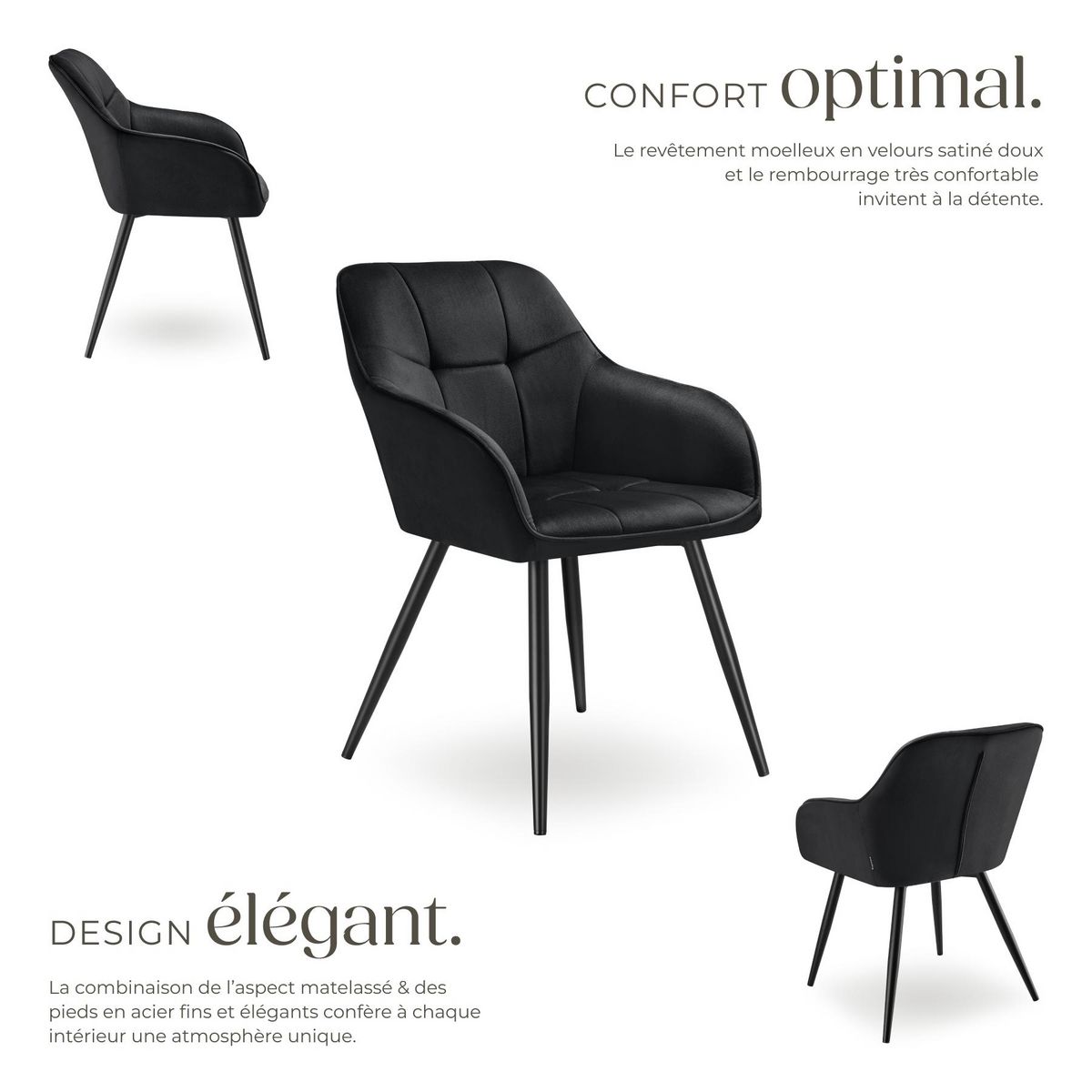 tectake Chaise de salle à manger rembourrée et en velours matelassé noir/noir Lot de 4