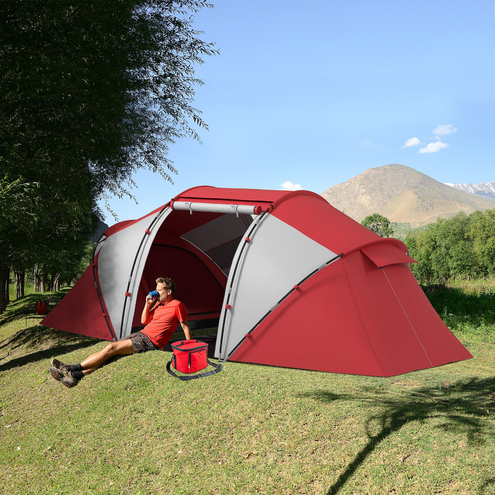 Voir la diapositive 2 : OUTSUNNY Tente de camping familiale 4-6 personnes 2 cabines fenêtre grande porte 4,3l x 2,4l x 1,7h m rouge gris