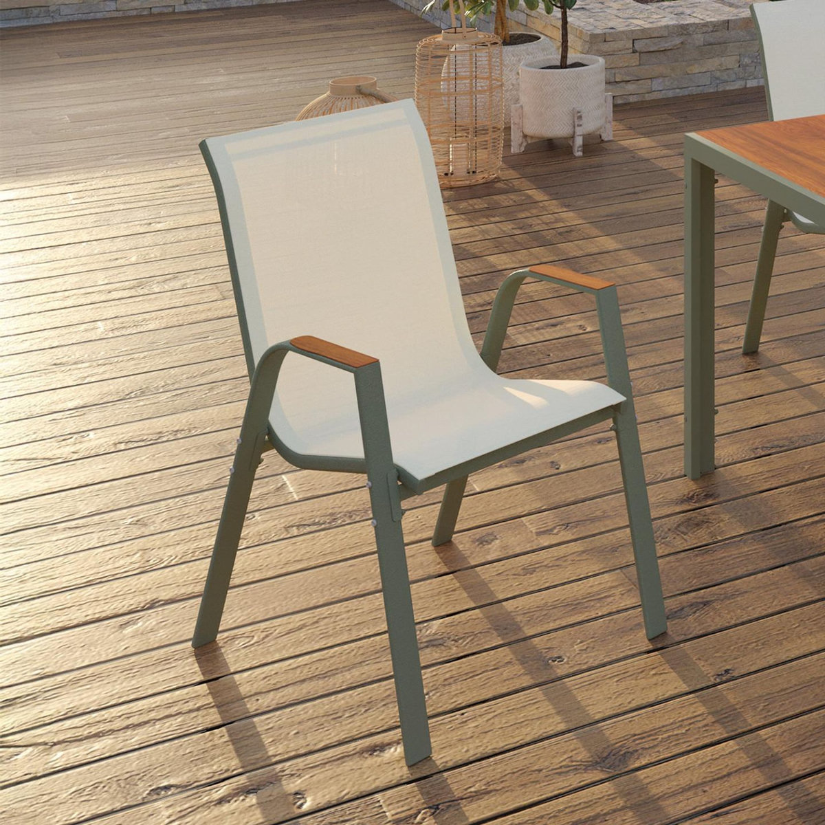 ID MARKET Lot de 6 chaises de jardin NOUMEA métal et textilène empilables vert et bois