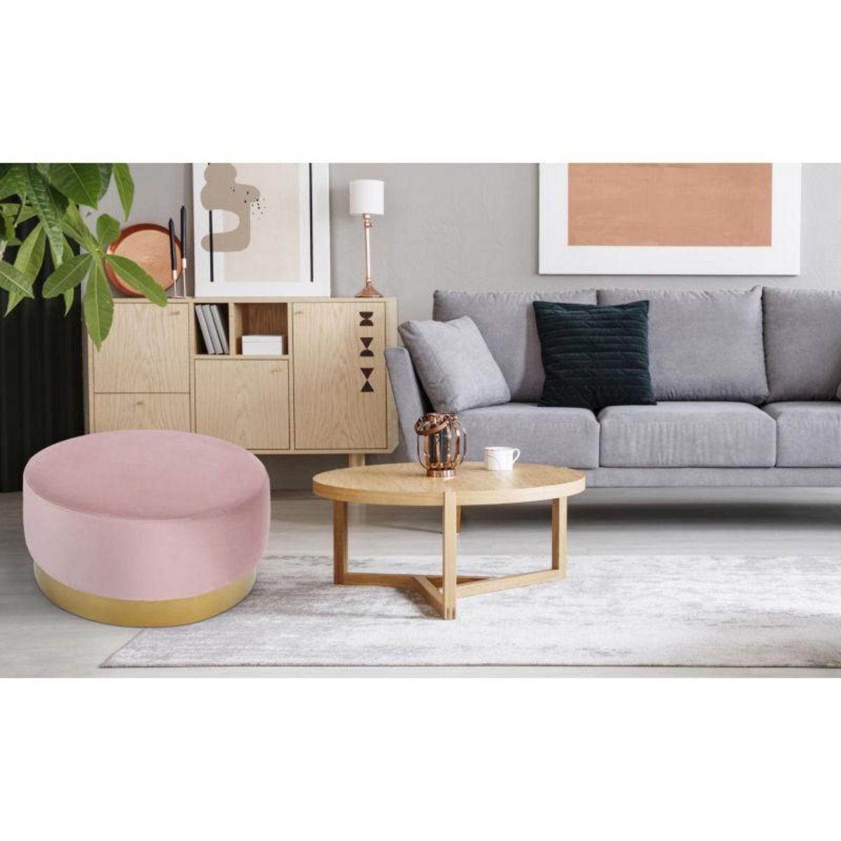 Paris Prix Pouf Rond en Velours Design  Minnie  75cm Rose