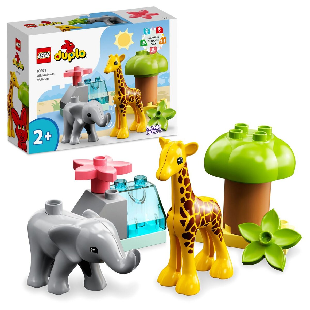 LEGO Duplo 10971 Animaux sauvages d'Afrique, Jouet sur le Safari pour Enfants de 2 Ans avec Figurines d'Éléphant et de Girafe, avec Tapis de Jeu
