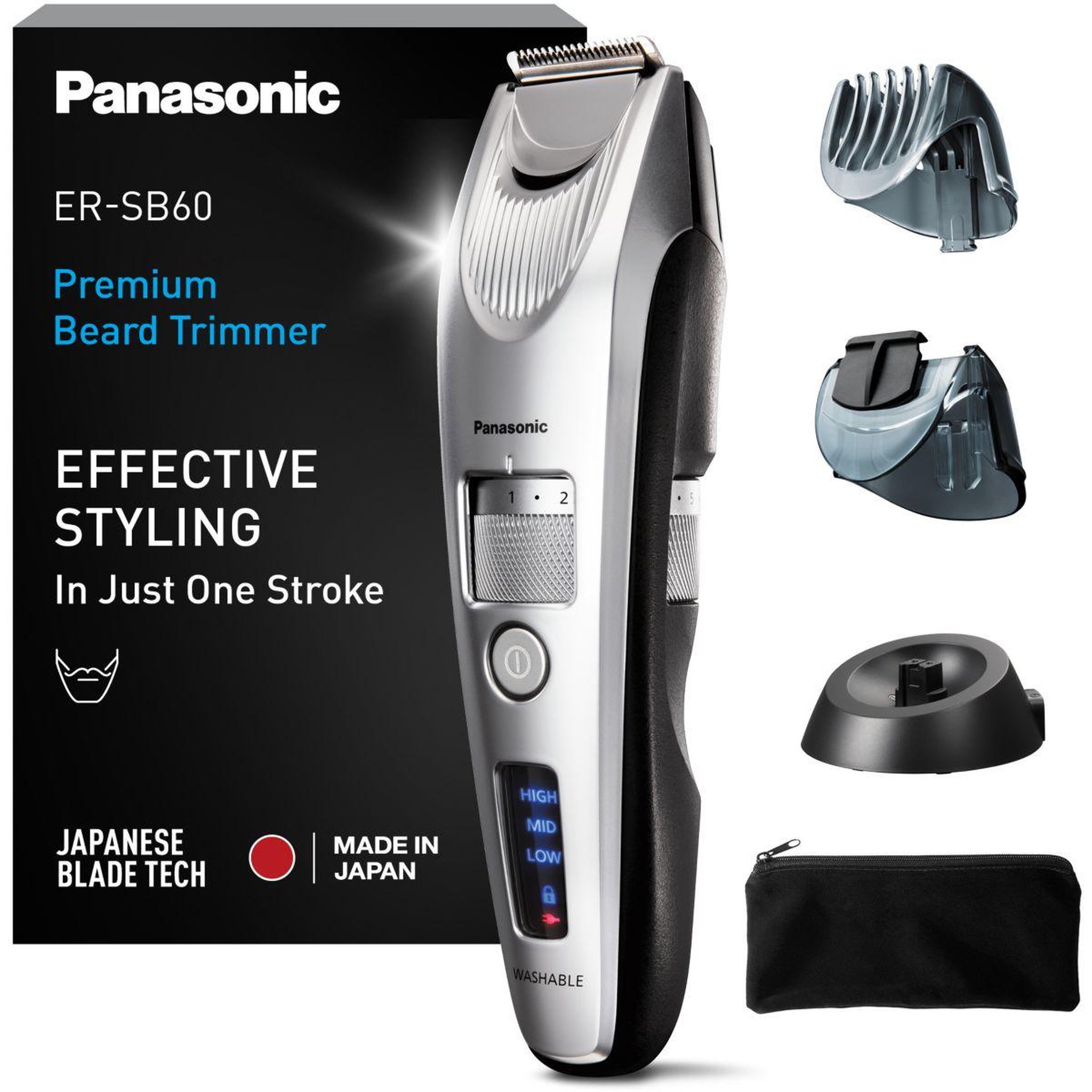 PANASONIC Tondeuse barbe ER-SB60-S803, molette réglable, 19 hauteurs de coupe, précision 0,5 mm, autonomie 60 mn