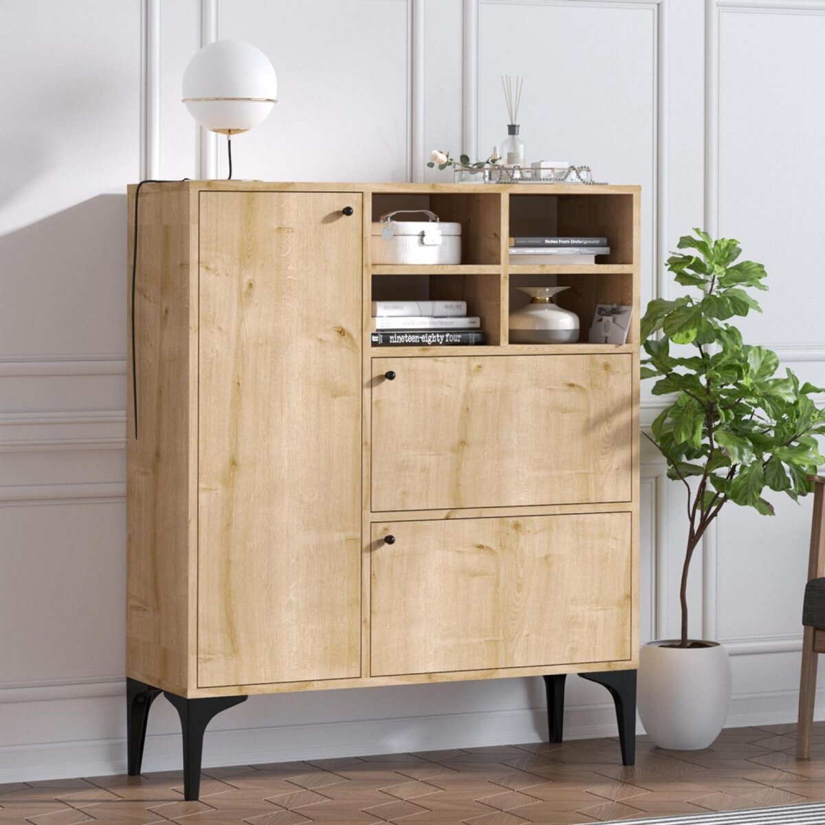 CONCEPT USINE Buffet haut 3 portes et 4 niches couleur chêne 100x125cm EWA