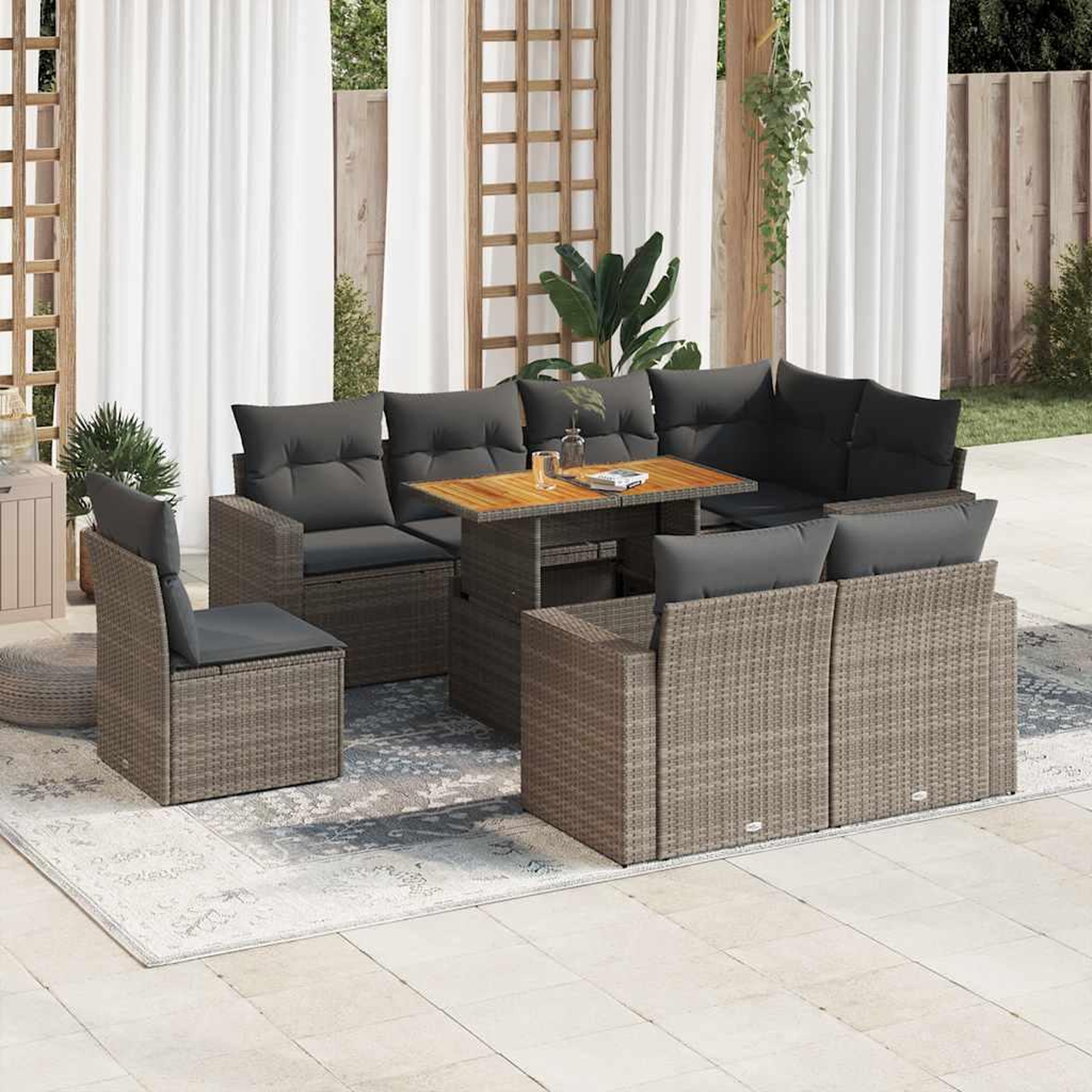 VIDAXL Salon de jardin 9 pcs avec coussins gris resine tressee