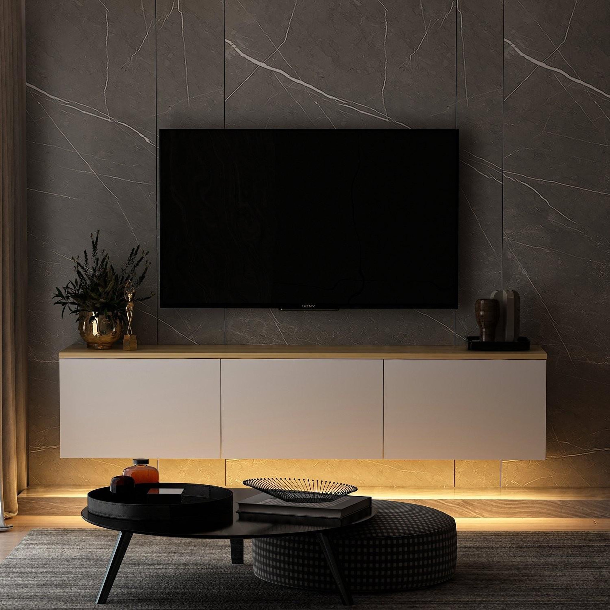 Voir la diapositive 3 : Habitat et Jardin Meuble tv suspendu en bois avec éclairage led  neon  - 160 x 32 x 35 cm - blanc