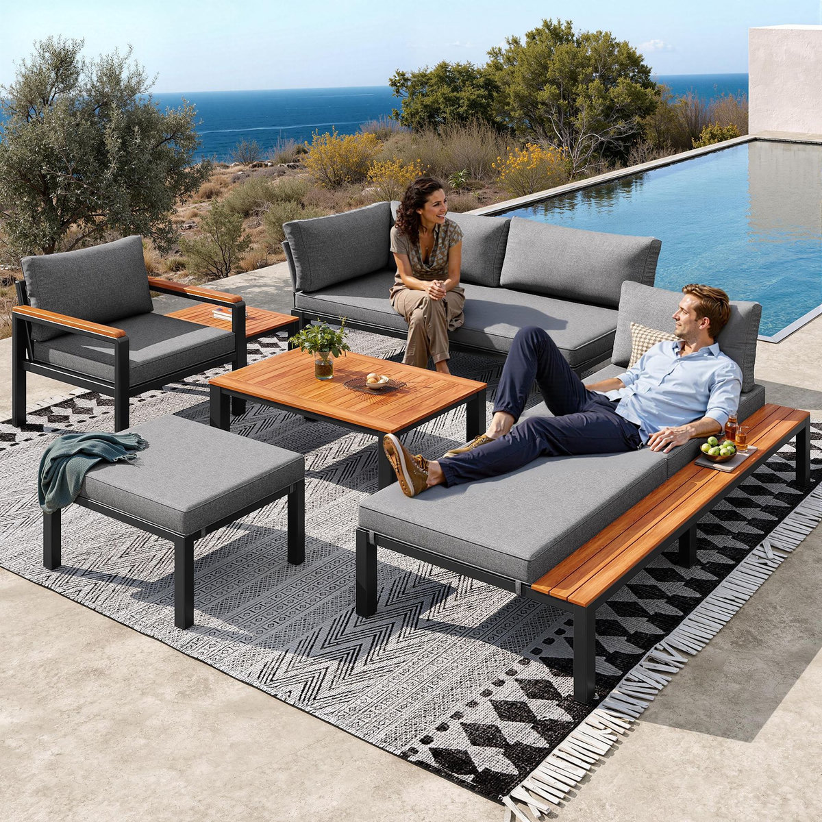 MERAX Salon de jardin modulaire pour 5-6 personnes en métal avec coussins et tables en bois, gris