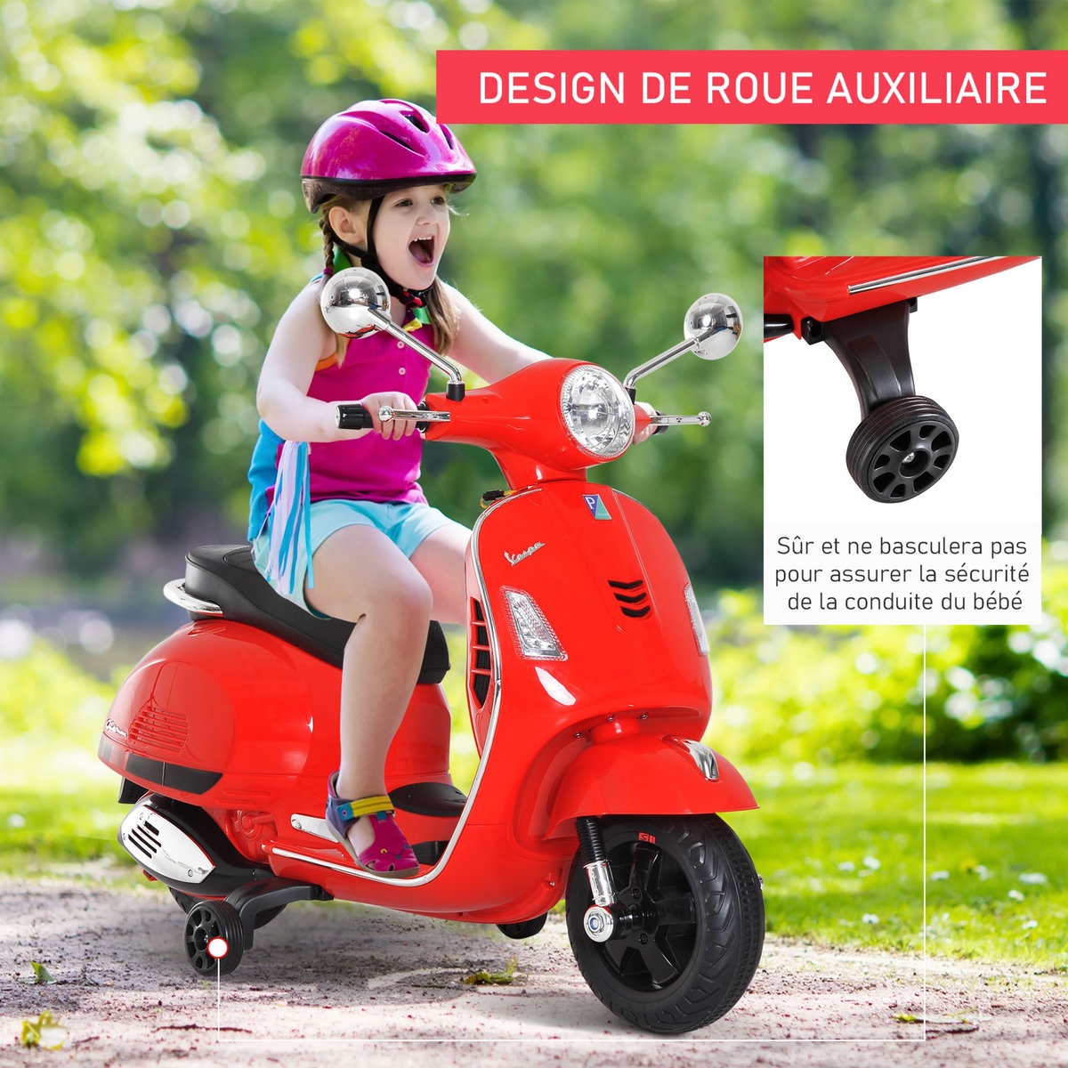 HOMCOM Scooter moto électrique enfants 6 V dim. 102L x 51l x 76H cm musique MP3 port USB klaxon phare feu AR rouge Vespa