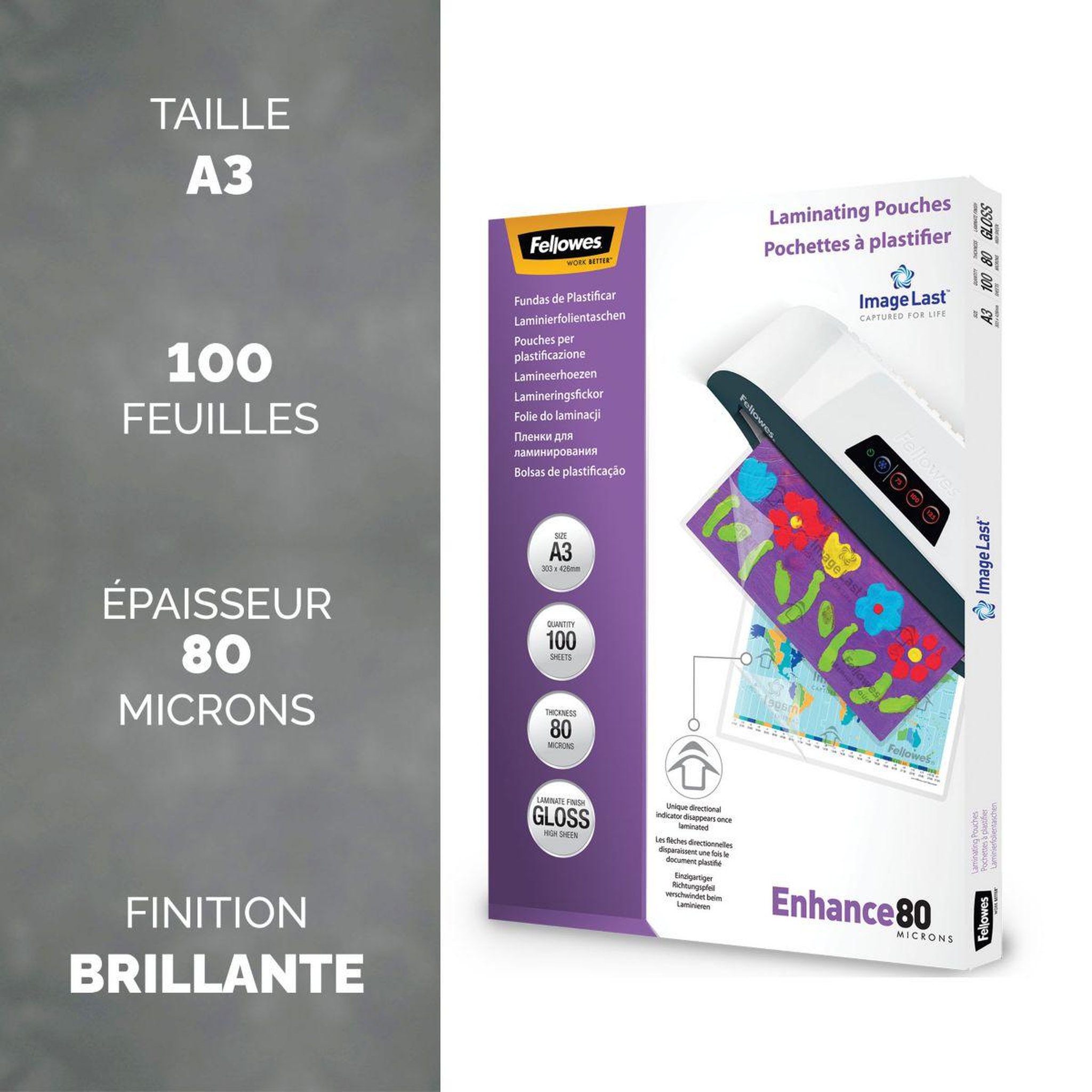 Voir la diapositive 2 : Fellowes Consommable de bureau pour plastifieuse plastification a3 80 mic x100