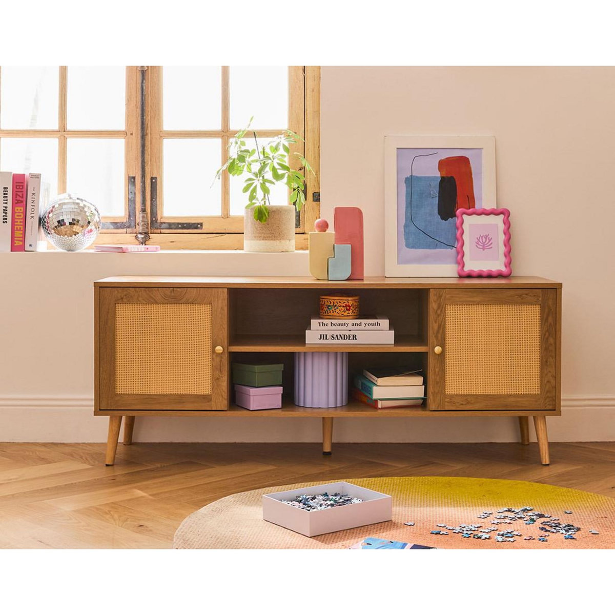 BEST MOBILIER Goto - meuble tv - effet bois et cannage - 2 portes et 2 niches - 140 cm