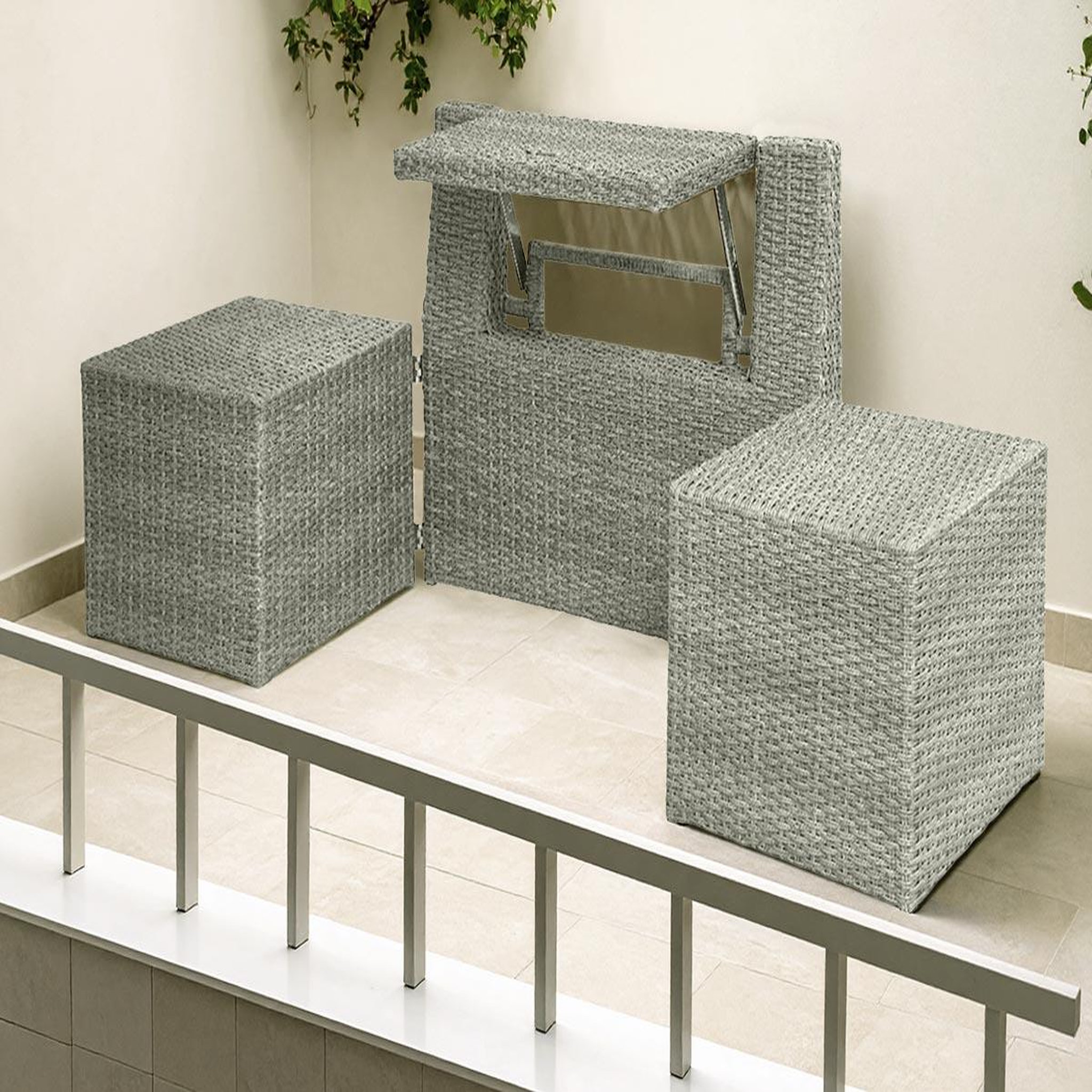 Voir la diapositive 2 : JARDIDECO Ensemble de balcon table et pouf ou banc gris java - jardideco
