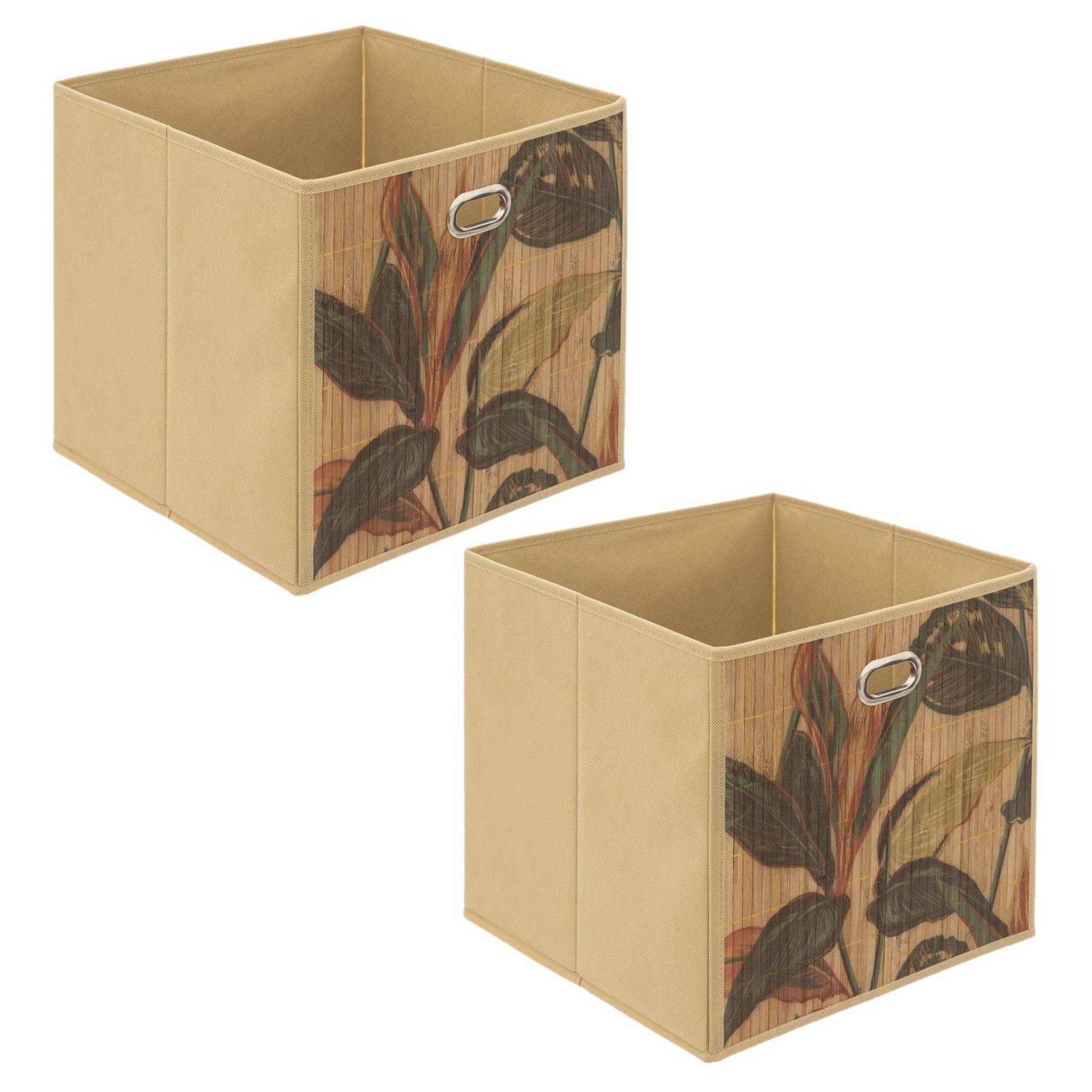 TOILINUX Lot de 2 boîtes de rangement cubes en bambou à motifs jungle palawan - l.31 x l.31 x h.31 cm - marron