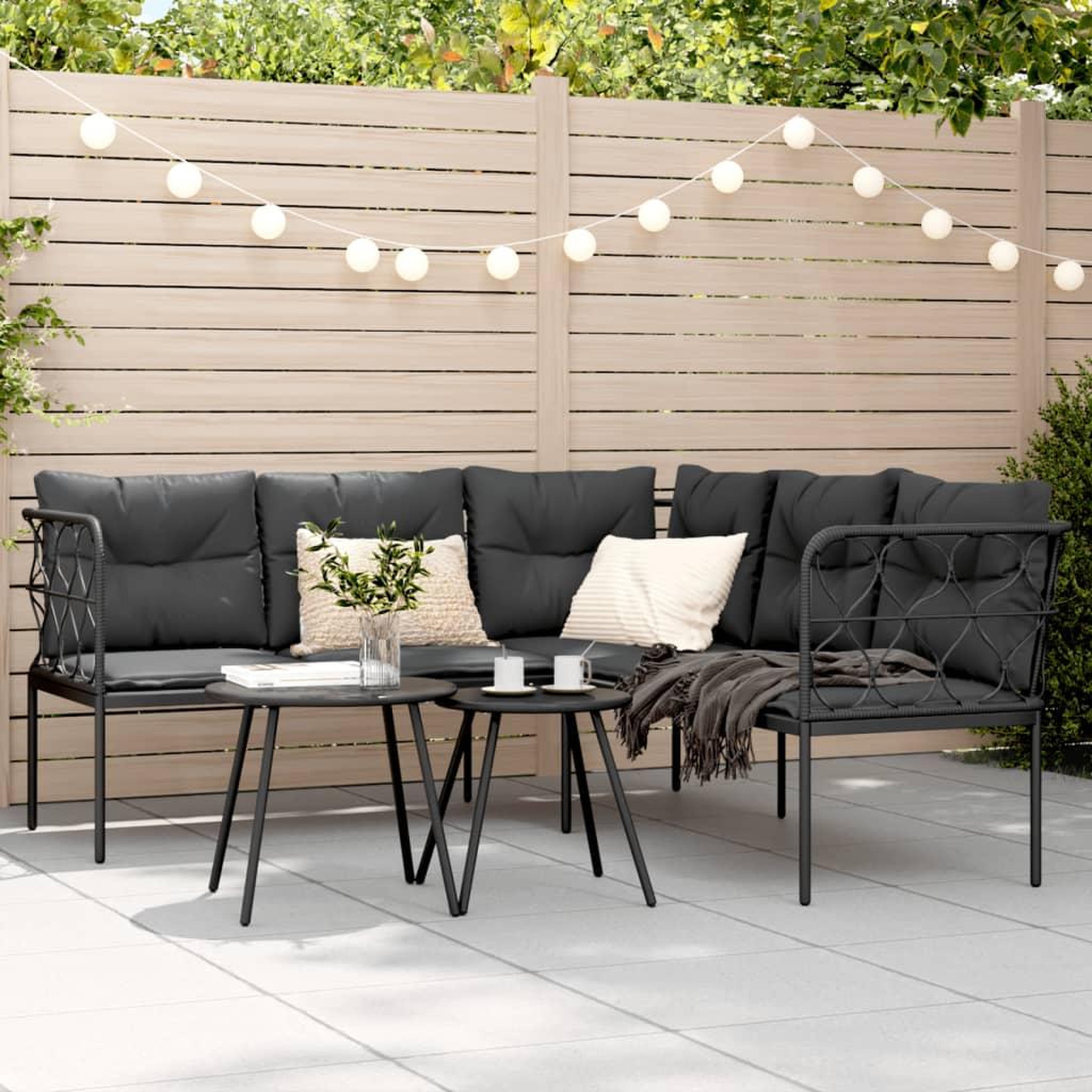 VIDAXL Canape de jardin avec coussins forme de L noir acier textilene