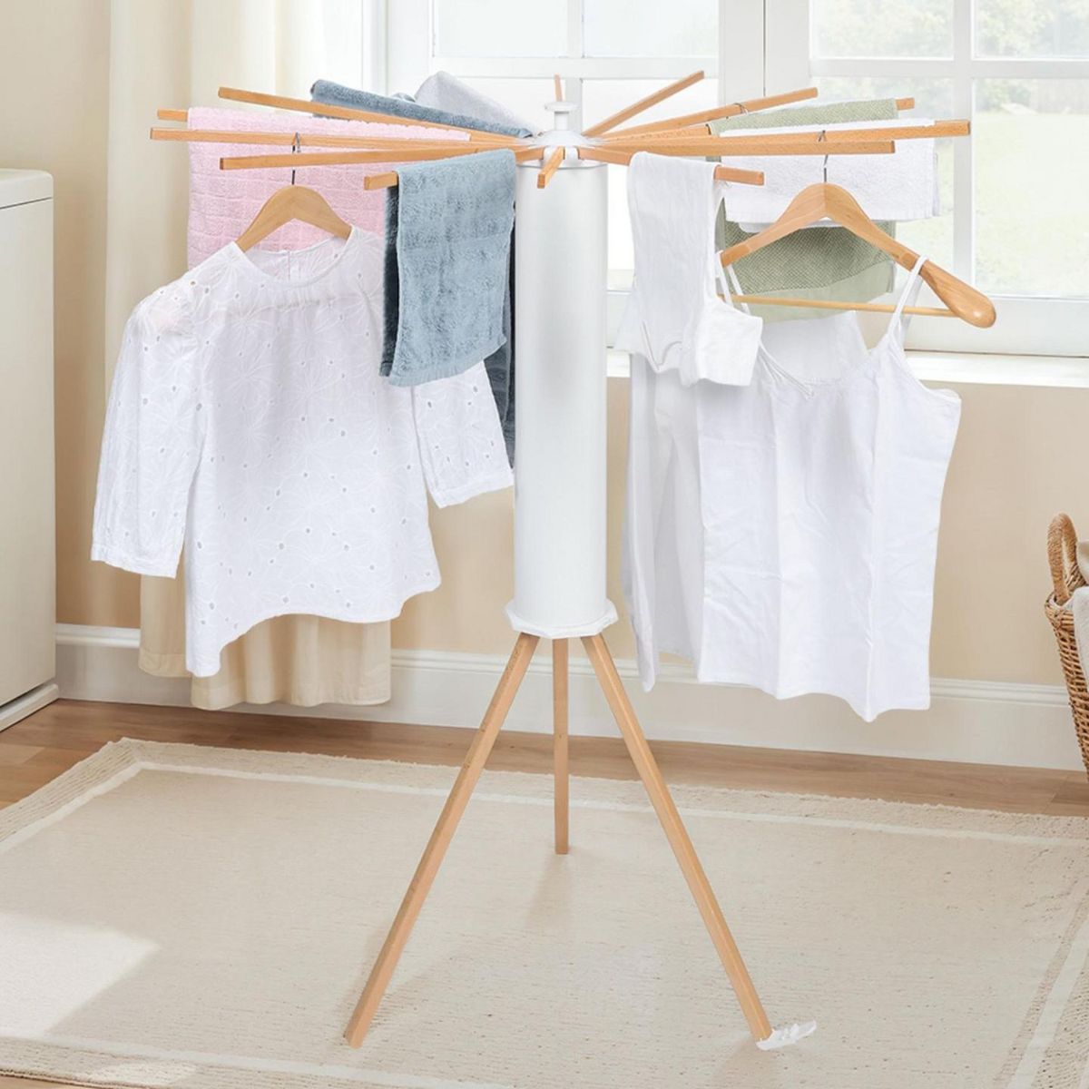ID MARKET Séchoir à linge à rayons rotatif et pliable capacité 21M blanc et bois