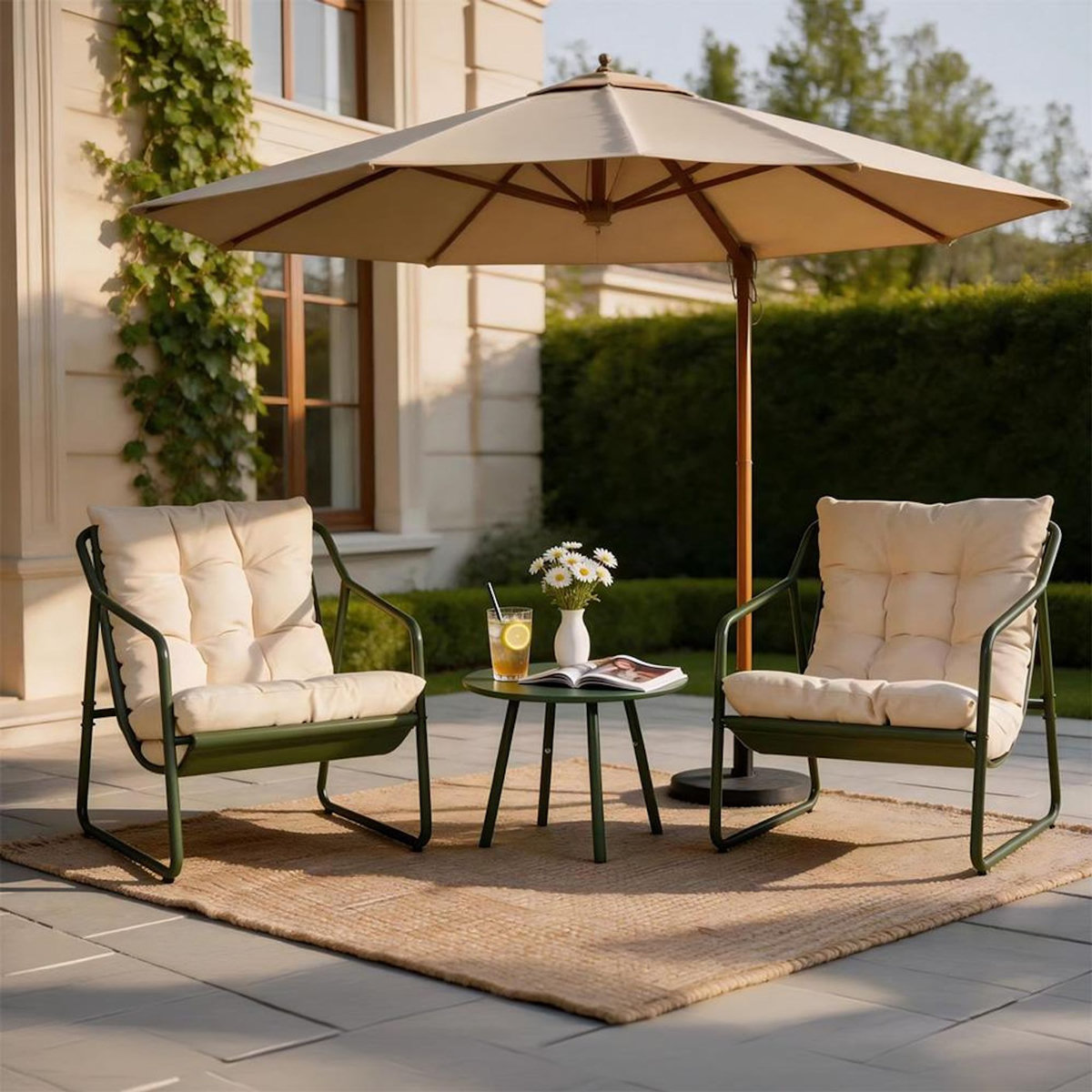 CONCEPT USINE Ensemble de jardin 2 fauteuils vert kaki avec table basse ATRANI