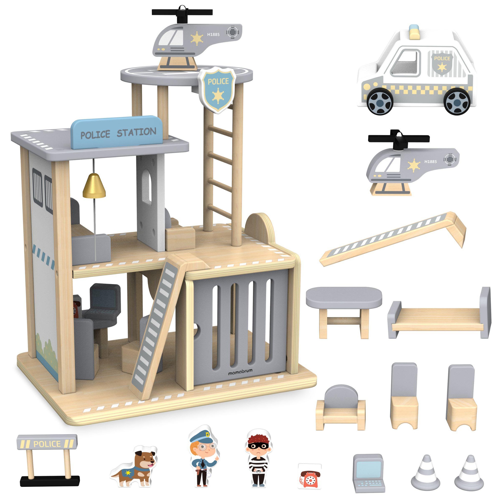 Voir la diapositive 4 : MAMABRUM Poste de Police en Bois avec Accessoires, Voiture, Hélicoptère et Figurines, dès 3 Ans