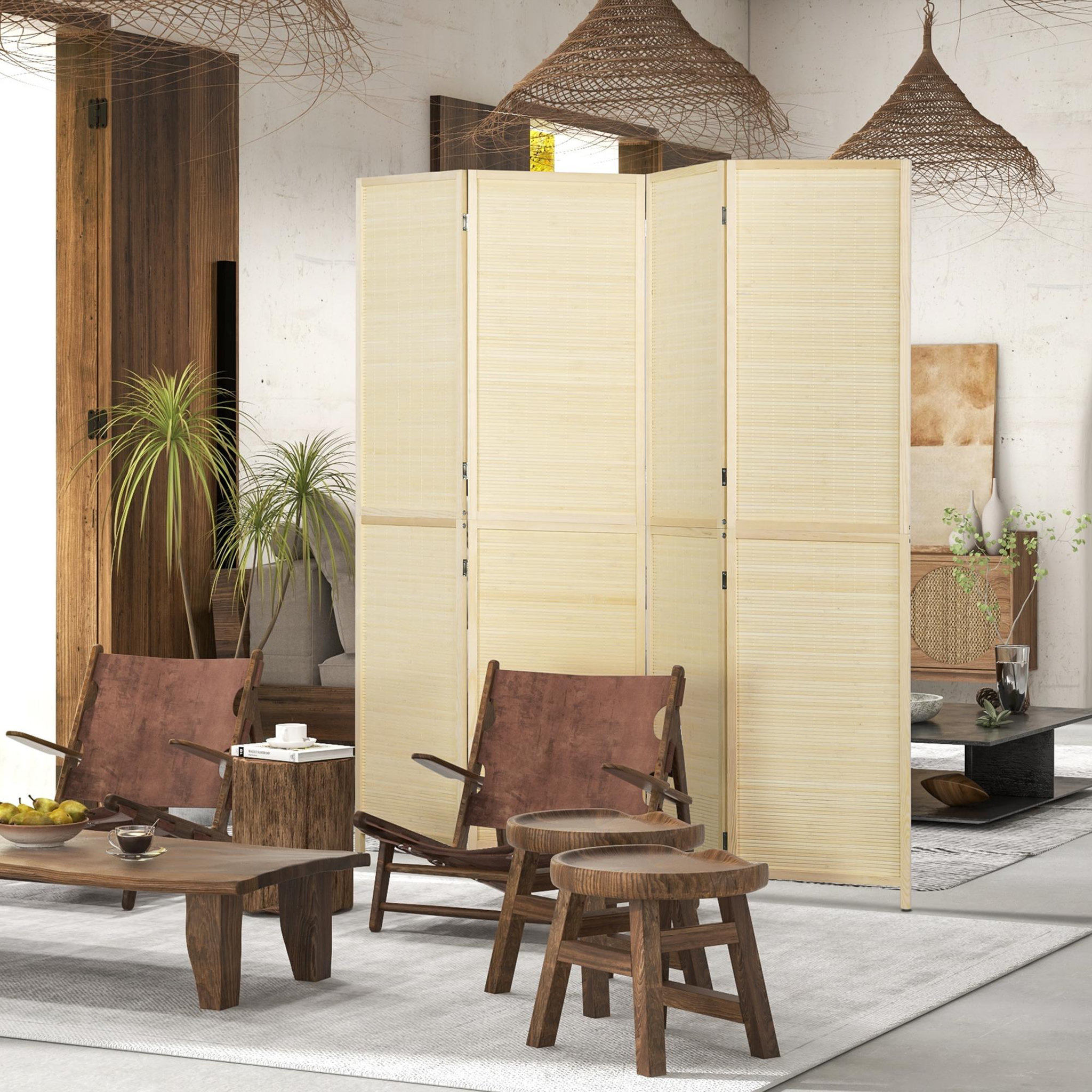 Voir la diapositive 2 : HOMCOM Paravent séparateur de pièce 4 panneaux pliables dim. 180L x 180H cm bois de bambou