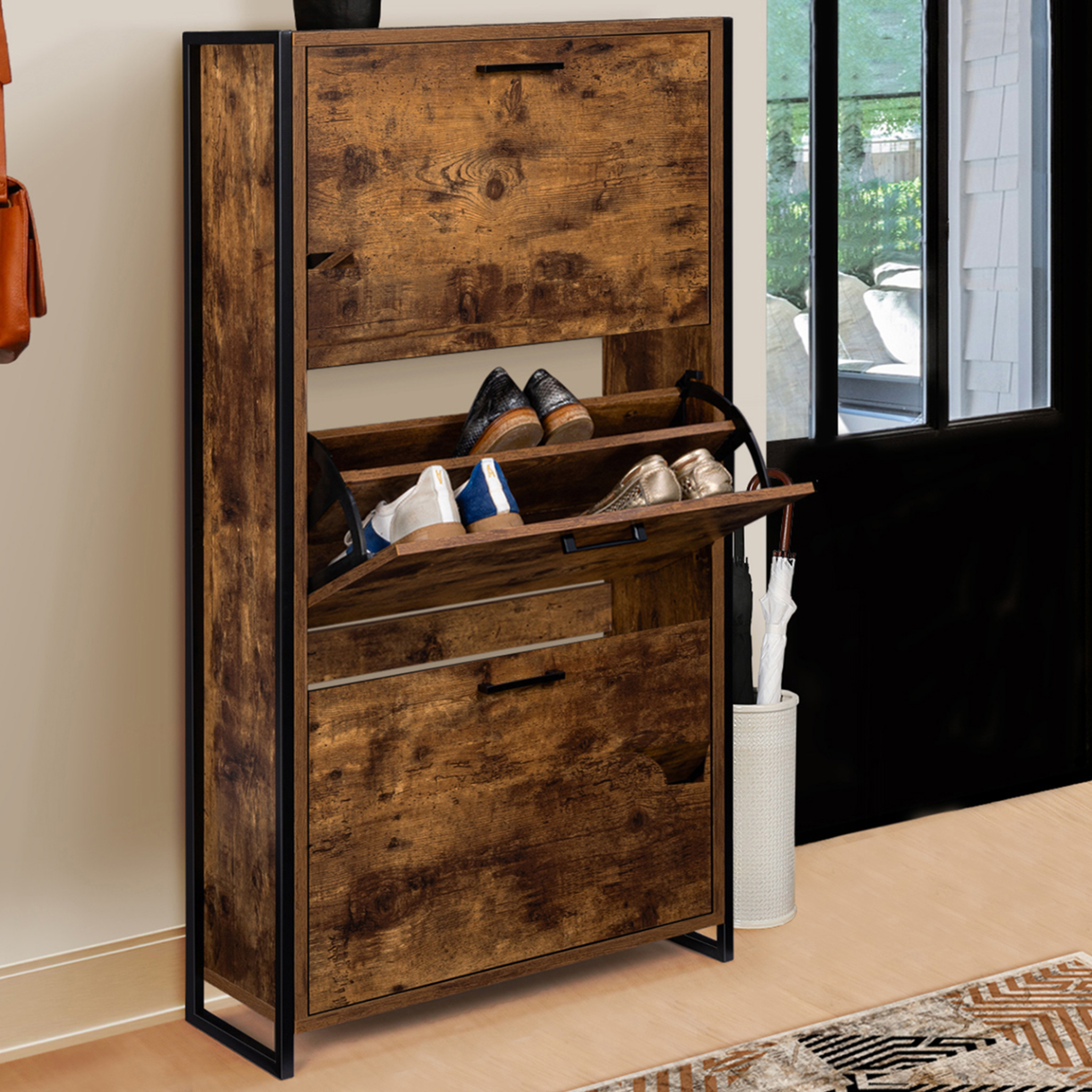 Voir la diapositive 2 : ID MARKET Meuble à chaussures 18 paires dayton 3 portes effet vieilli design industriel