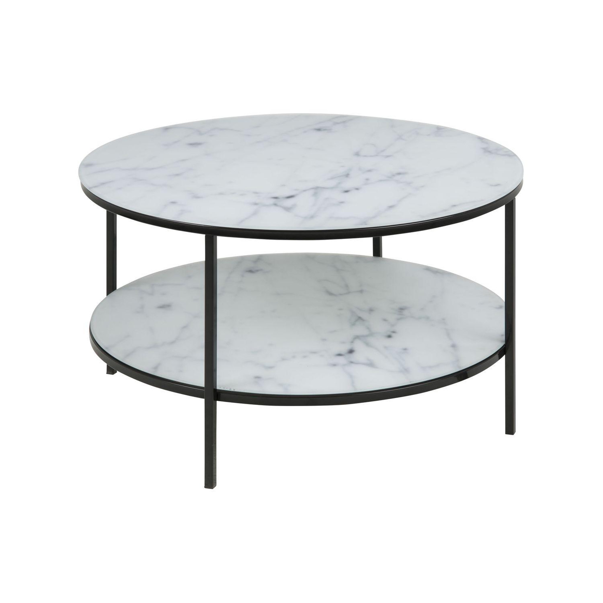 TOILINUX Table basse ronde effet marbre en verre et métal 2 niveaux. Coloris disponibles : Noir