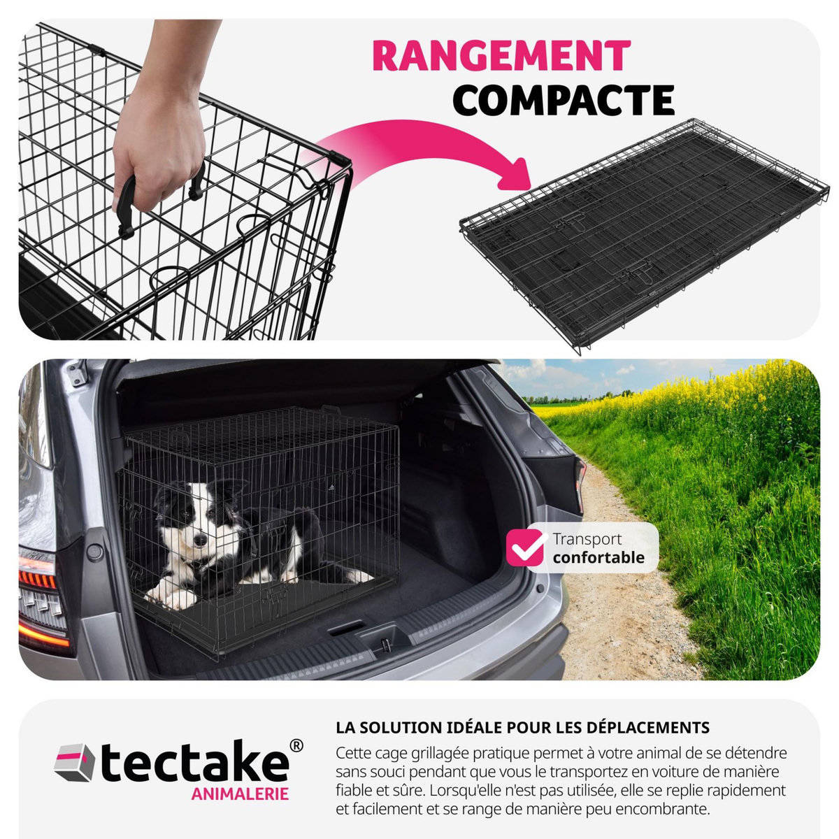 tectake Caisse grillagée pour chien pliable avec 2 poignées de transport noir